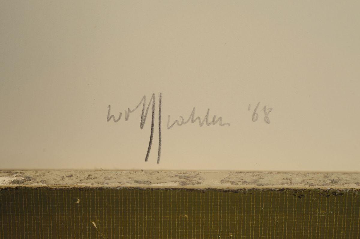 Detail a: Wolf Kahlen, geb. 1940 in Aachen, Siebdruck auf dickem Büttenpapier, handsigniert und num. 54/100, aus 1968, ca. 38 x 64 cm, Kahlen gilt als ...