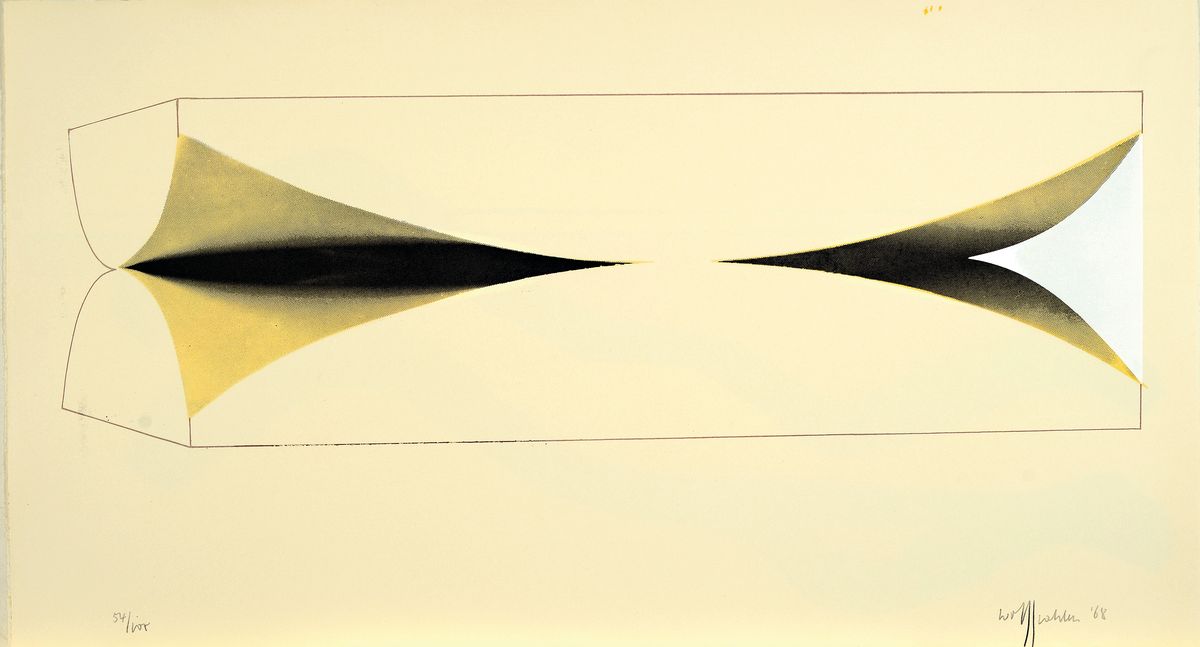 Detail k: Wolf Kahlen, geb. 1940 in Aachen, Siebdruck auf dickem Büttenpapier, handsigniert und num. 54/100, aus 1968, ca. 38 x 64 cm, Kahlen gilt als ...