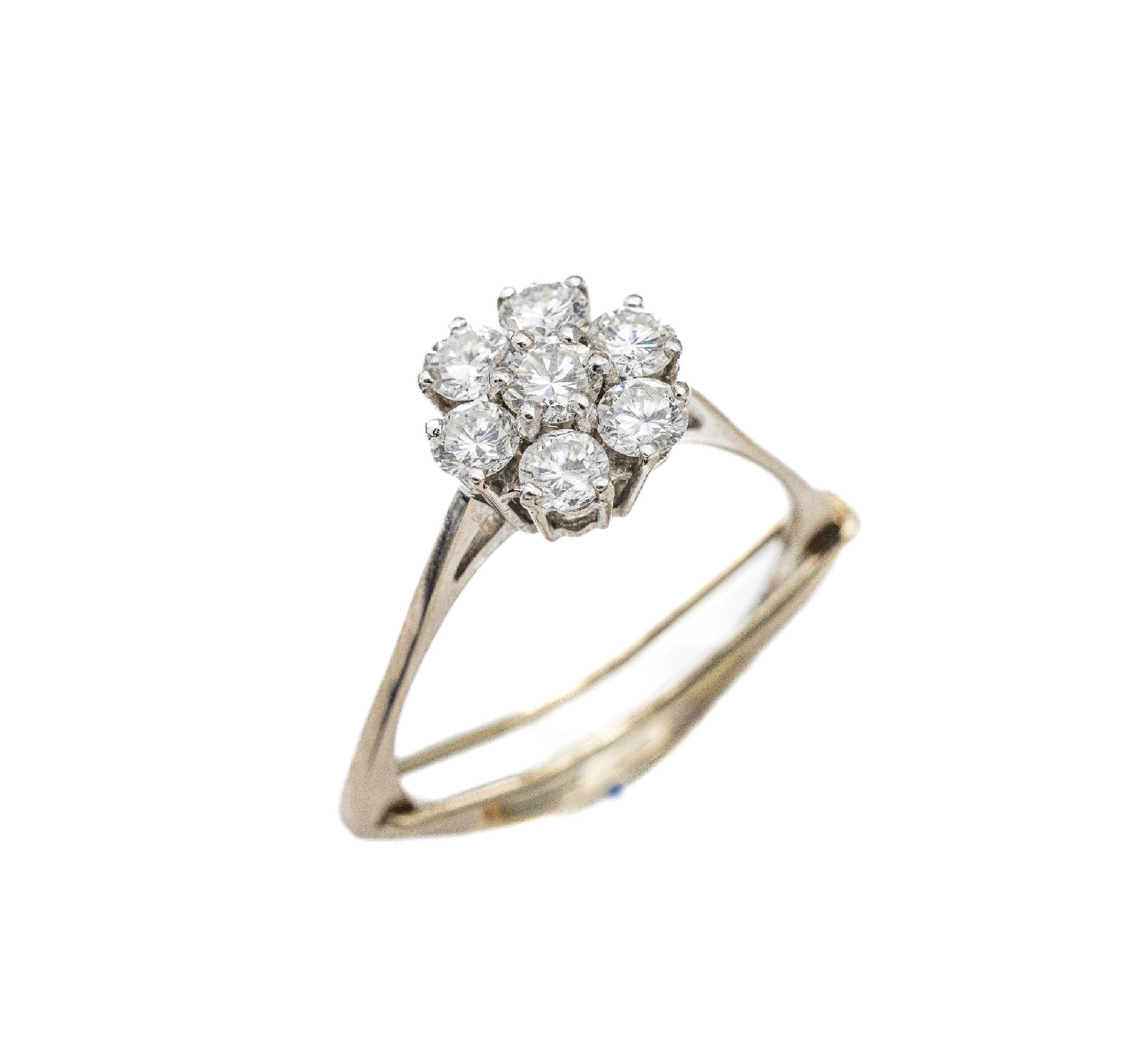 14 kt Gold Brillant-Ring, WG 585/000 gepr.,7 Brillanten zus. ca. 1.45 ct Weiß/si, RW 54, Ringschiene mit Verkleinerungsbügel, ca. 4.2 g