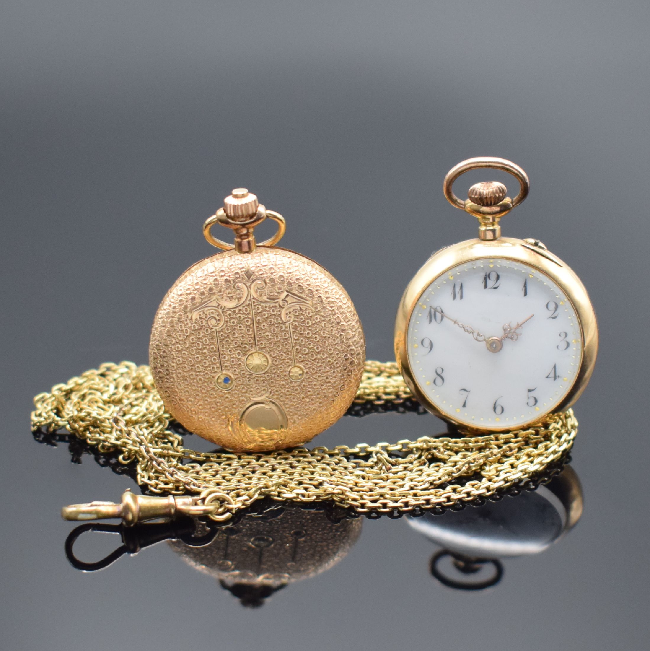 Detail b: 2 Damentaschenuhren und Kette in GG und RG 585/000, Uhren Schweiz um 1890, Kette später, beide m. Kronenaufzug, Zylinderhemmung, Emailzifferblätter ...