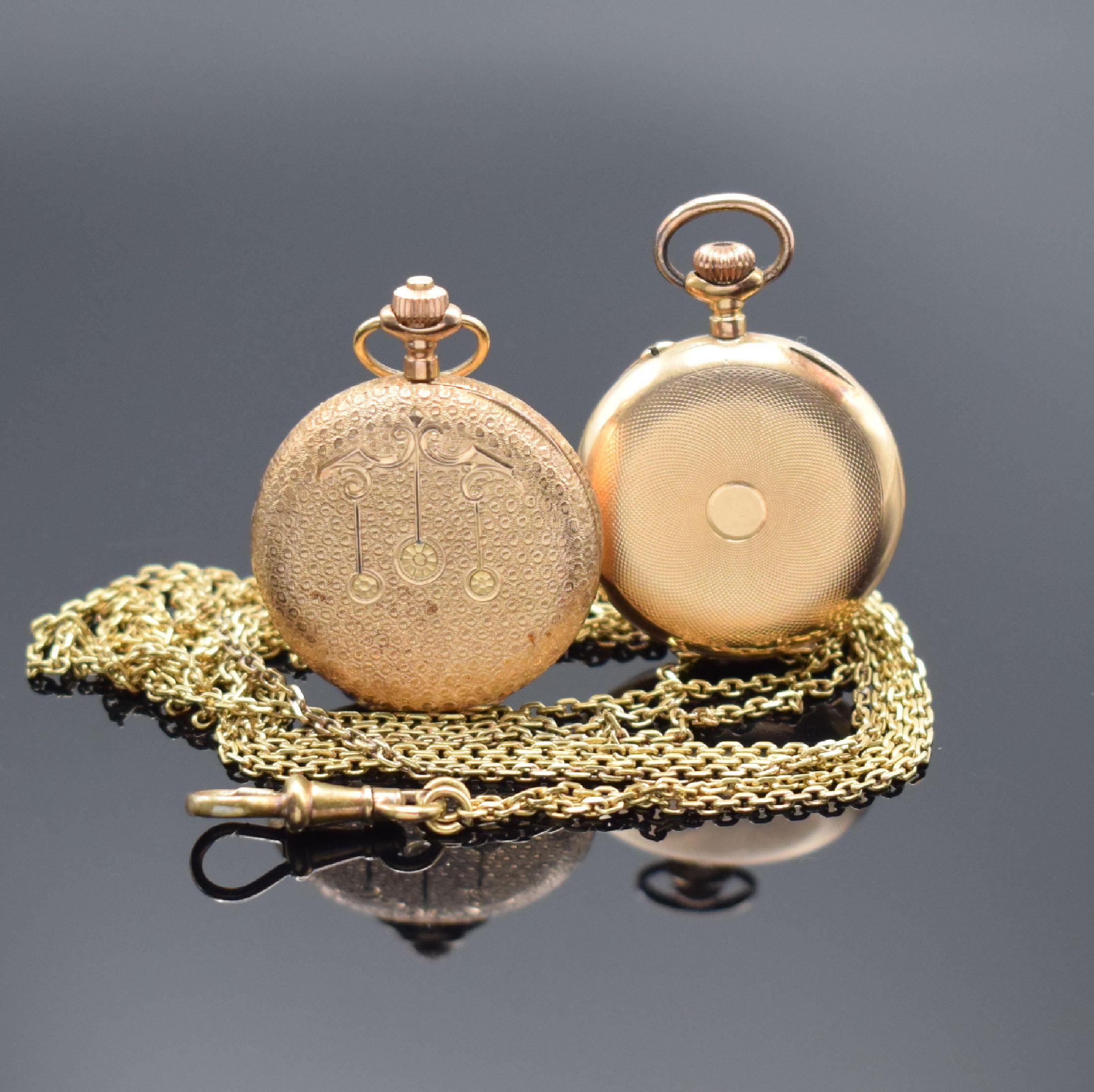 Detail c: 2 Damentaschenuhren und Kette in GG und RG 585/000, Uhren Schweiz um 1890, Kette später, beide m. Kronenaufzug, Zylinderhemmung, Emailzifferblätter ...