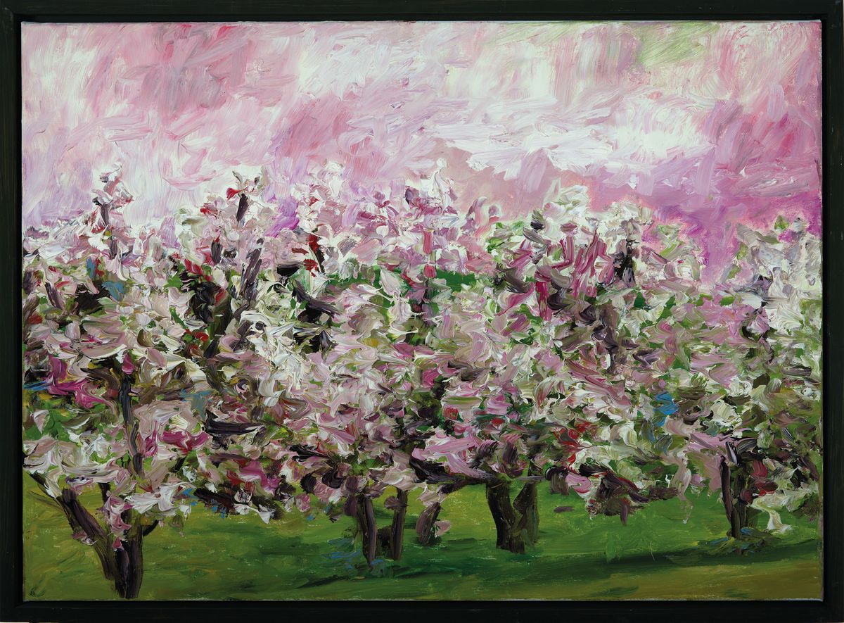 Detail k: Heide Fahlbusch, 1939-2019, "Blütezeit" so verso bez., 2008, Gruppe blühender Mandelbäume vor atmosphärische glühendem Himmel, ...
