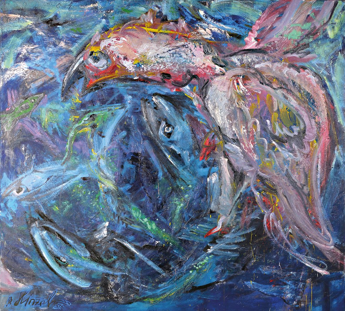 Bernd Hinzelmann, geb. 1953 Raesfeld, Ohne Titel, Monumentale abstrakt-figurative Komposition, zoomorphe Formen von Vögeln und Fischen, pastoser ...