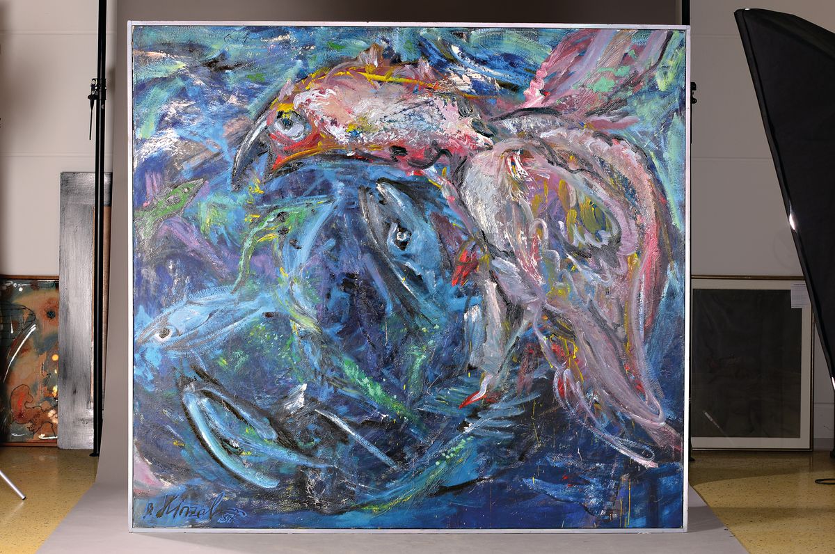 Detail k: Bernd Hinzelmann, geb. 1953 Raesfeld, Ohne Titel, Monumentale abstrakt-figurative Komposition, zoomorphe Formen von Vögeln und Fischen, pastoser ...