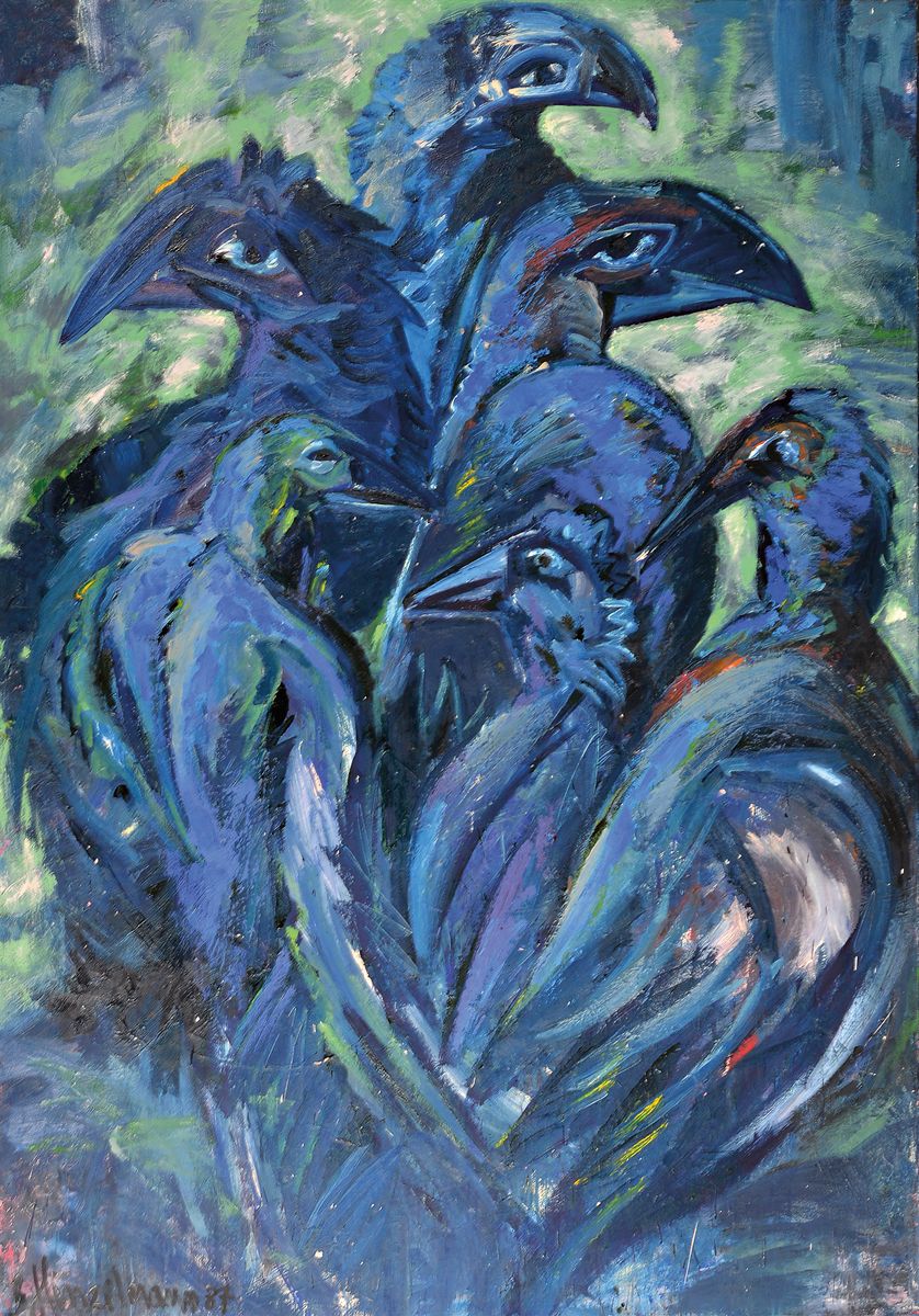 Bernd Hinzelmann, geb. 1953 Raesfeld, "Irrtümliche Versammlung", Gruppe von sieben differenziert dargestellten Vögeln, schwarz -blaue ...