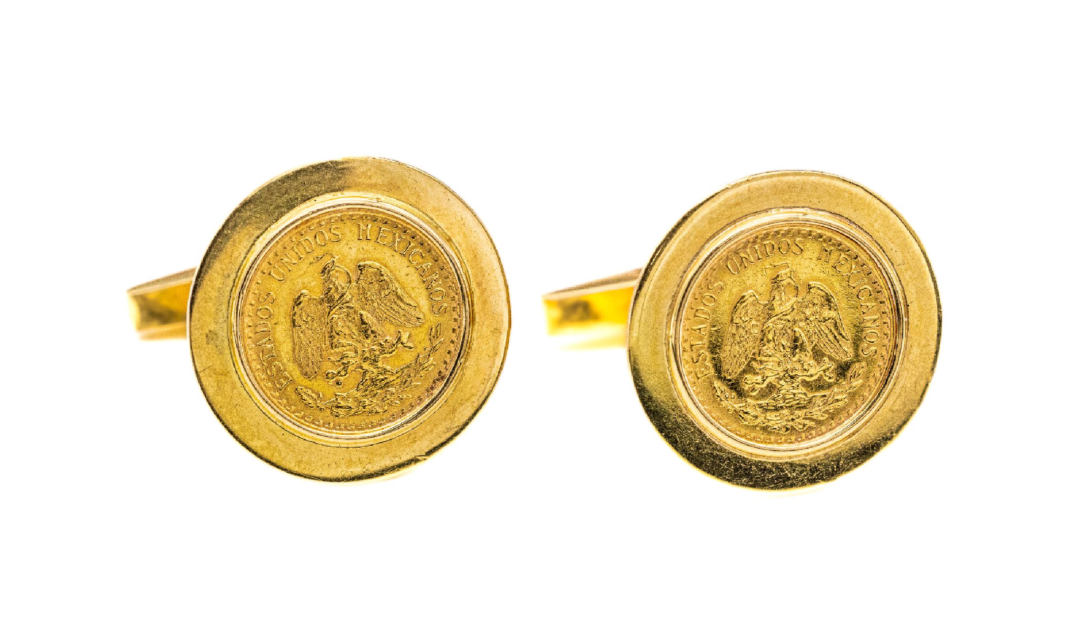 Paar 18 kt Gold Manschettenknöpfe, GG 750/000, 2 mexikanische 2 Pesos Goldmünzen, schlichte Fassung, ca. 11.6 g
