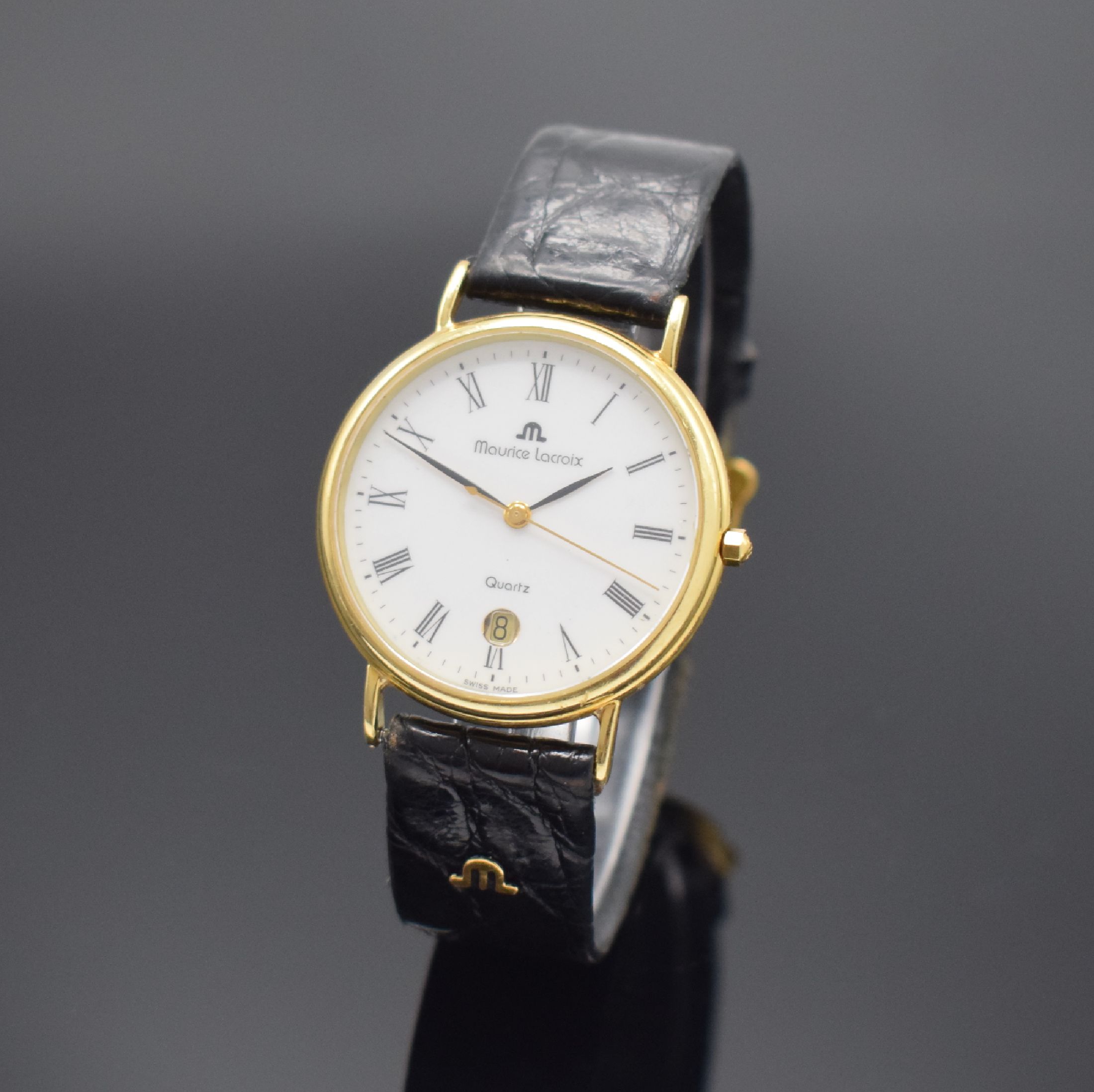 MAURICE LACROIX Armbanduhr in GG 750/000, Schweiz um 2000, quarz, 2-teil. Geh., Boden aufgedr., orig. Lederband m. Dornschl., weißes Zifferbl. m. ...