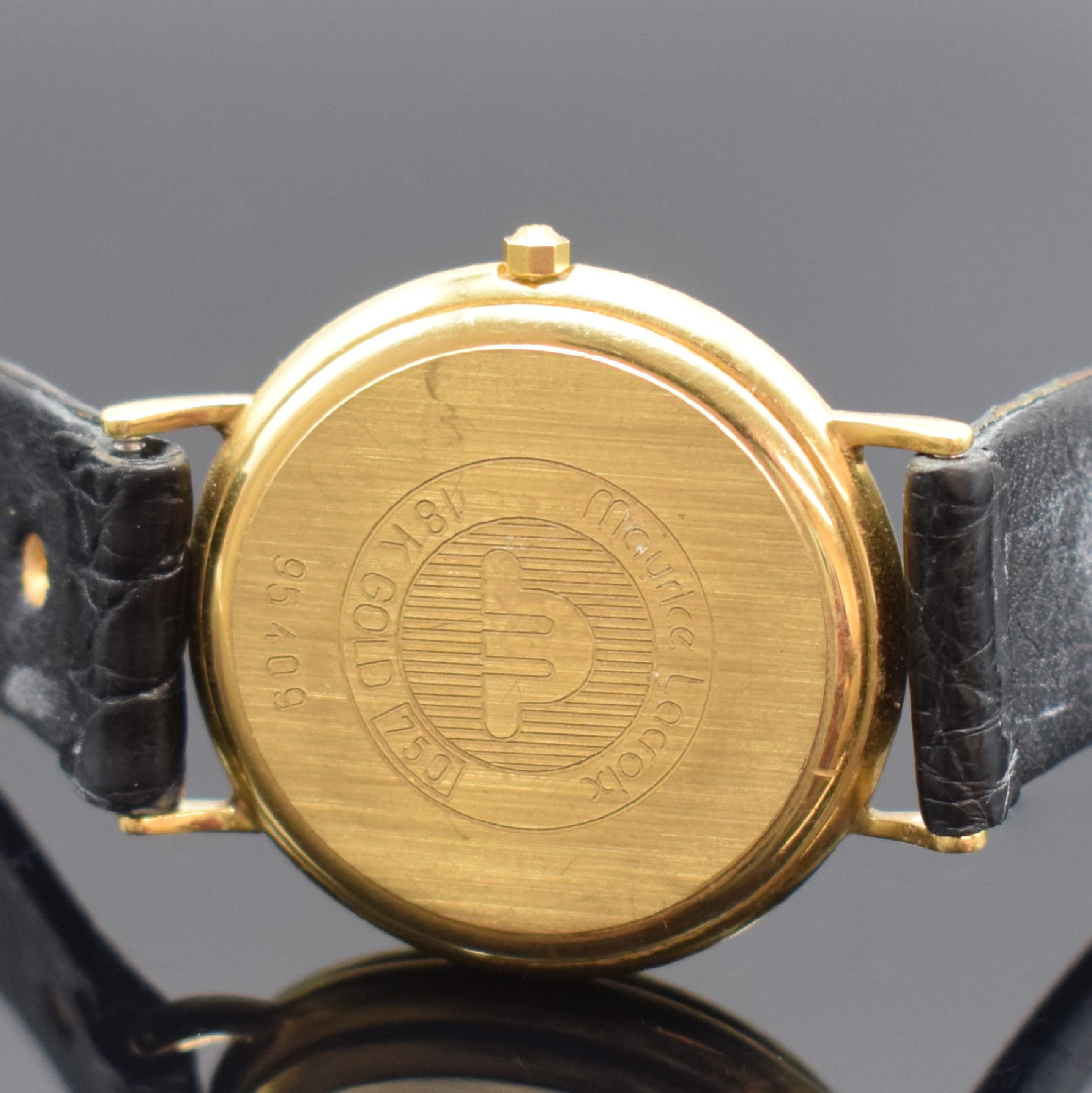 Detail c: MAURICE LACROIX Armbanduhr in GG 750/000, Schweiz um 2000, quarz, 2-teil. Geh., Boden aufgedr., orig. Lederband m. Dornschl., weißes Zifferbl. m. ...