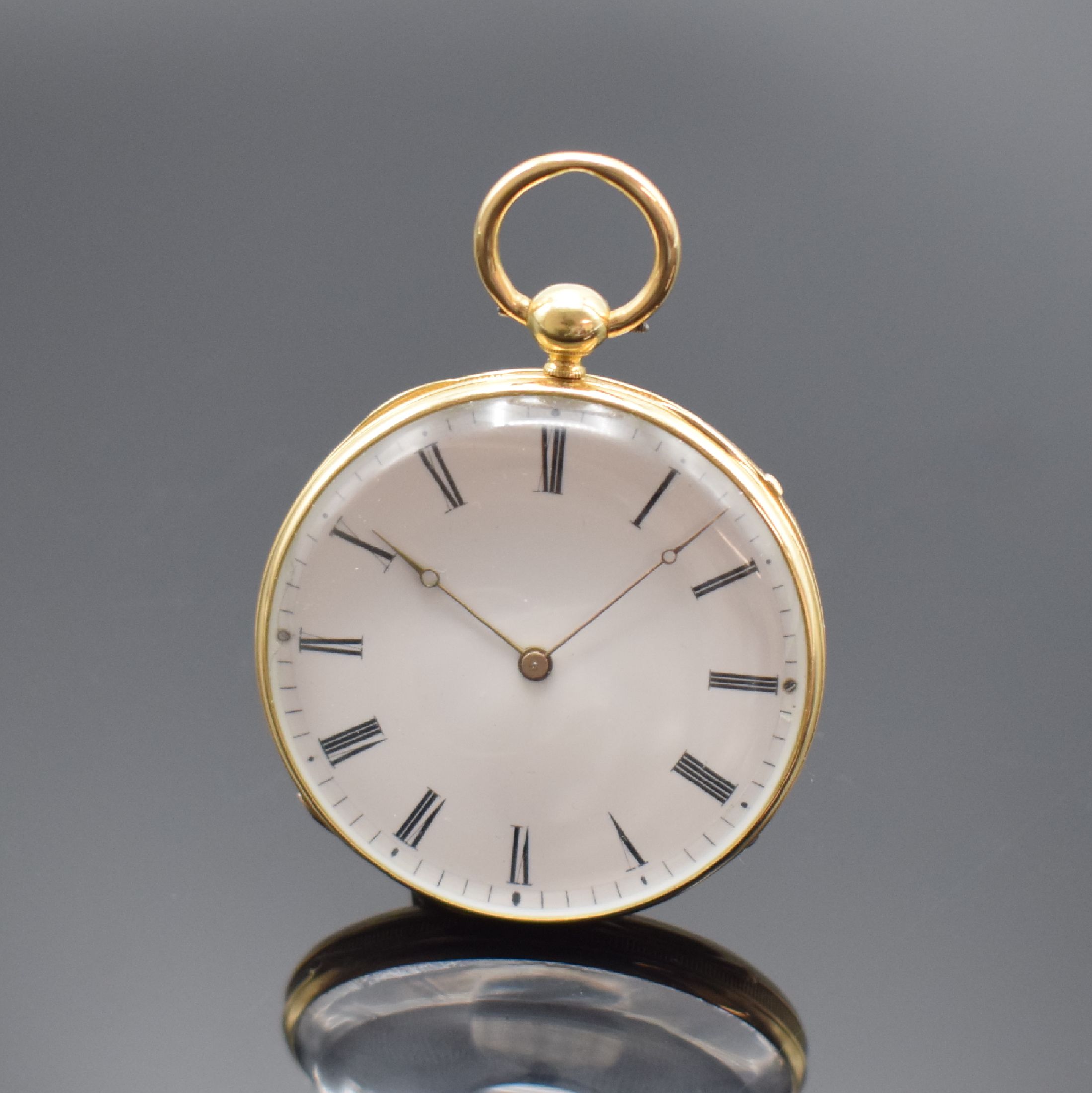 F.TILLMANS / L.HOFFER offene Taschenuhr in GG 750/000 mit 1/4 Stunden-Repetition, Schweiz um 1840, Geh. m. Münzrand, Bügel dell., Rückdeckel ...