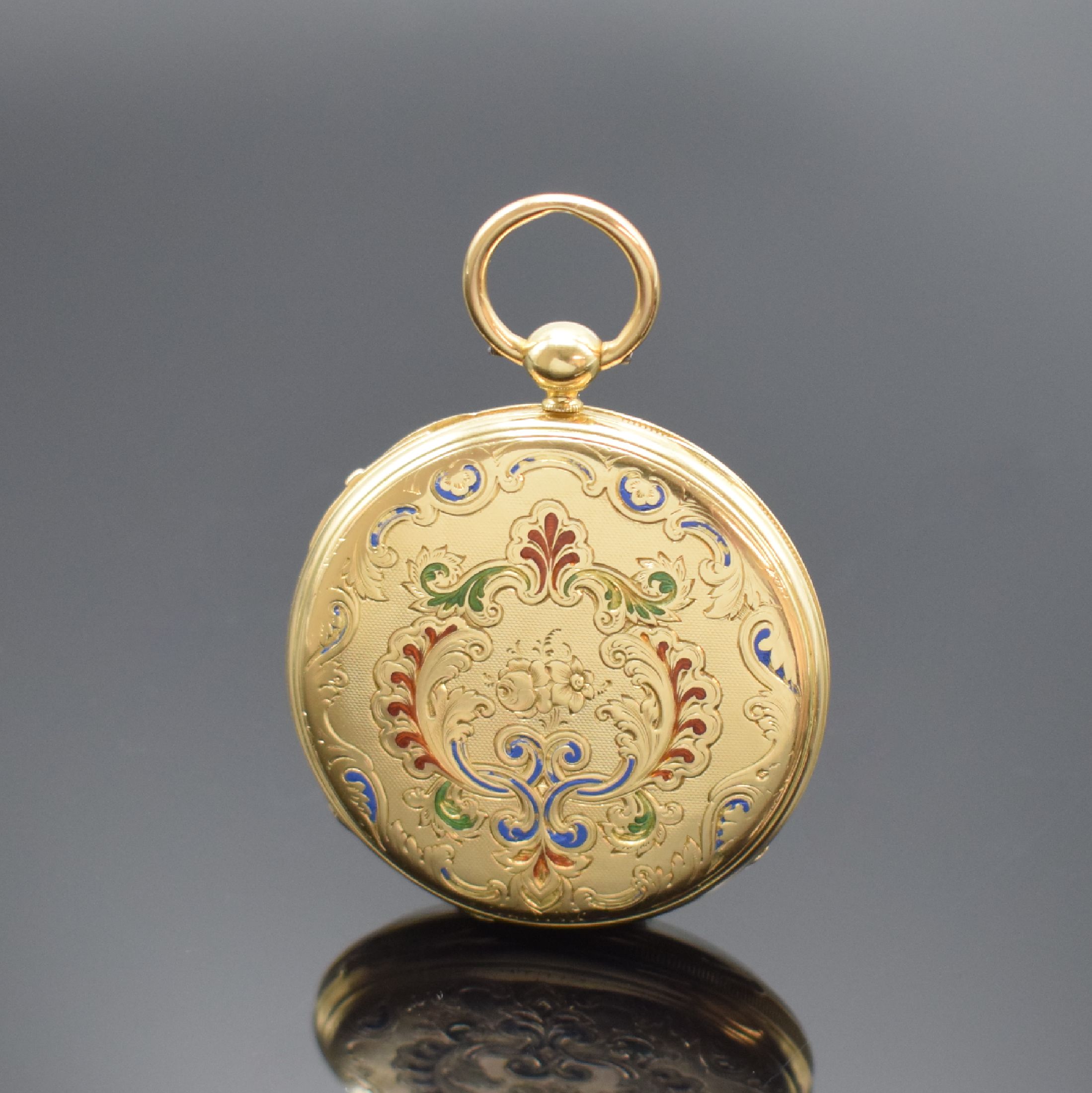 Detail a: F.TILLMANS / L.HOFFER offene Taschenuhr in GG 750/000 mit 1/4 Stunden-Repetition, Schweiz um 1840, Geh. m. Münzrand, Bügel dell., Rückdeckel ...