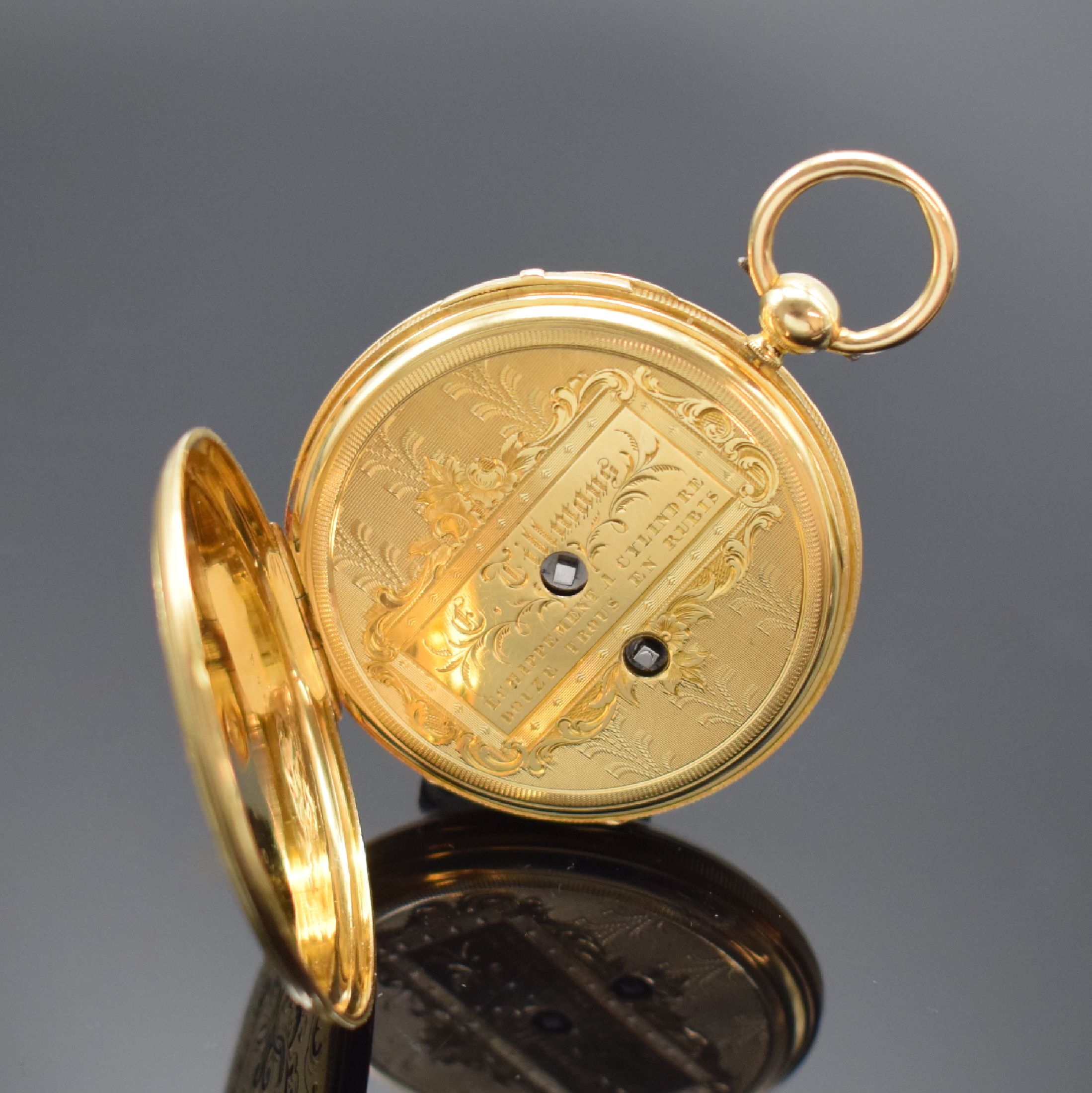 Detail c: F.TILLMANS / L.HOFFER offene Taschenuhr in GG 750/000 mit 1/4 Stunden-Repetition, Schweiz um 1840, Geh. m. Münzrand, Bügel dell., Rückdeckel ...