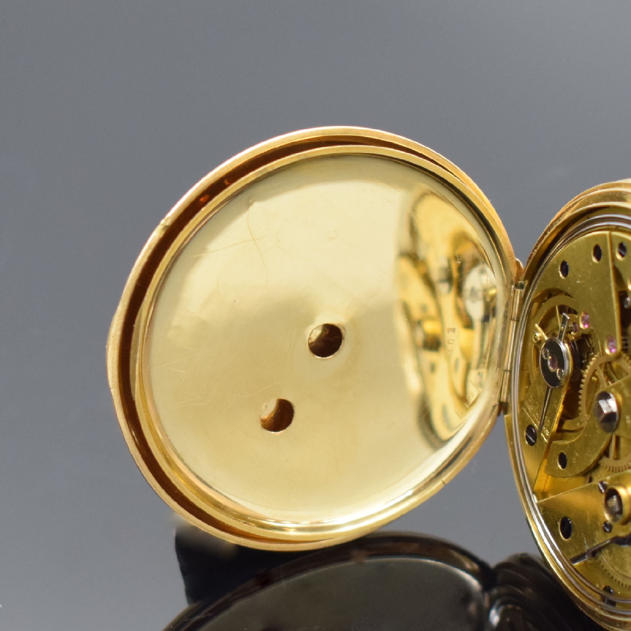 Detail d: F.TILLMANS / L.HOFFER offene Taschenuhr in GG 750/000 mit 1/4 Stunden-Repetition, Schweiz um 1840, Geh. m. Münzrand, Bügel dell., Rückdeckel ...