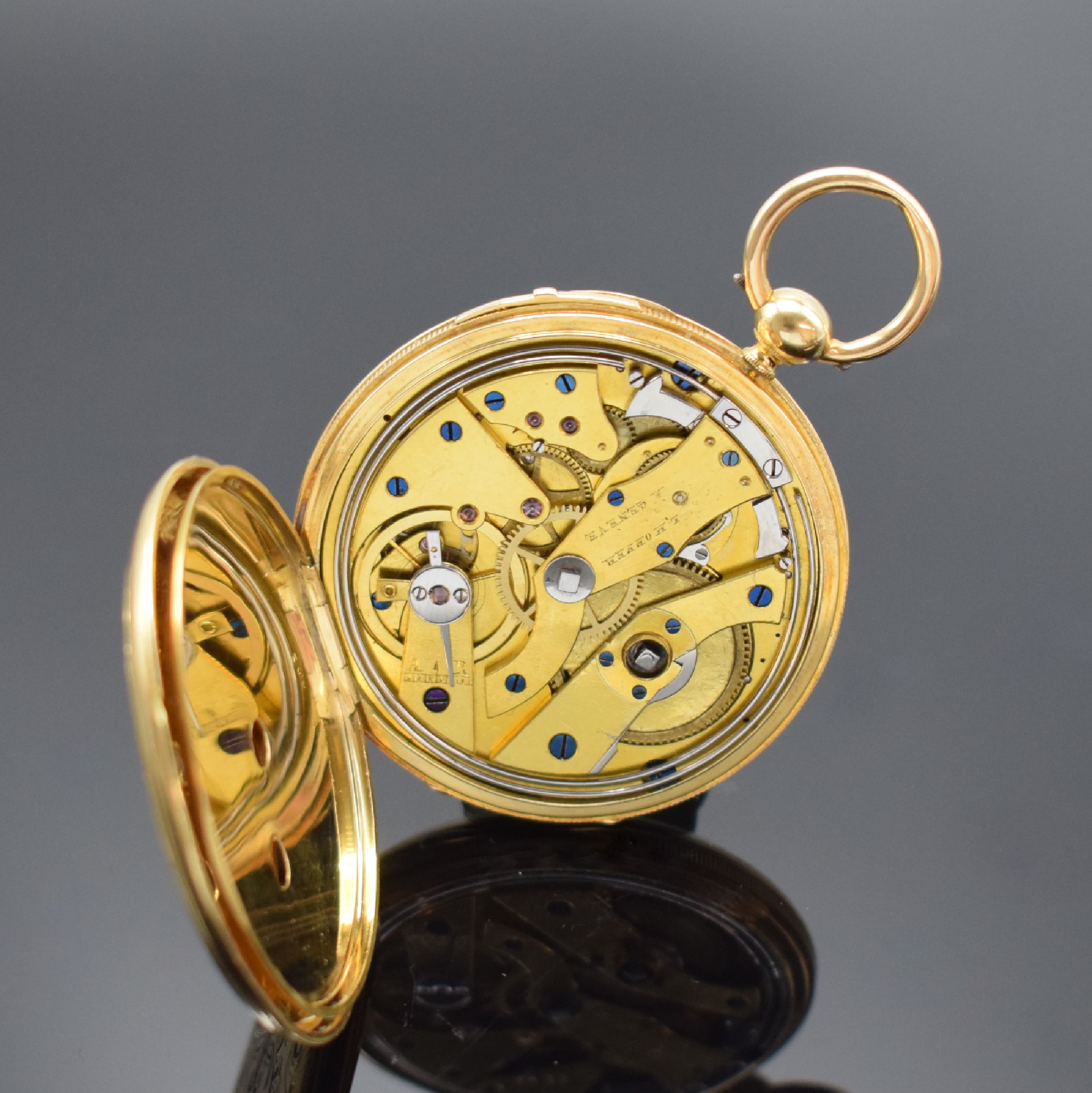 Detail e: F.TILLMANS / L.HOFFER offene Taschenuhr in GG 750/000 mit 1/4 Stunden-Repetition, Schweiz um 1840, Geh. m. Münzrand, Bügel dell., Rückdeckel ...