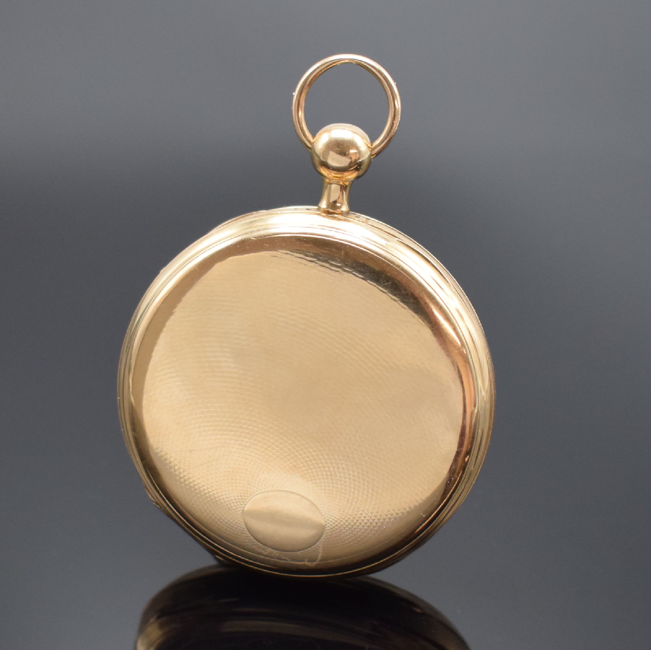 Detail a: Carillon offene Spindeltaschenuhr in RoséG 750/000 mit 1/4 Std.-Repetition auf 3 Tonfedern, Schweiz um 1840, Geh. dell., verg. Cuvette, guill. ...