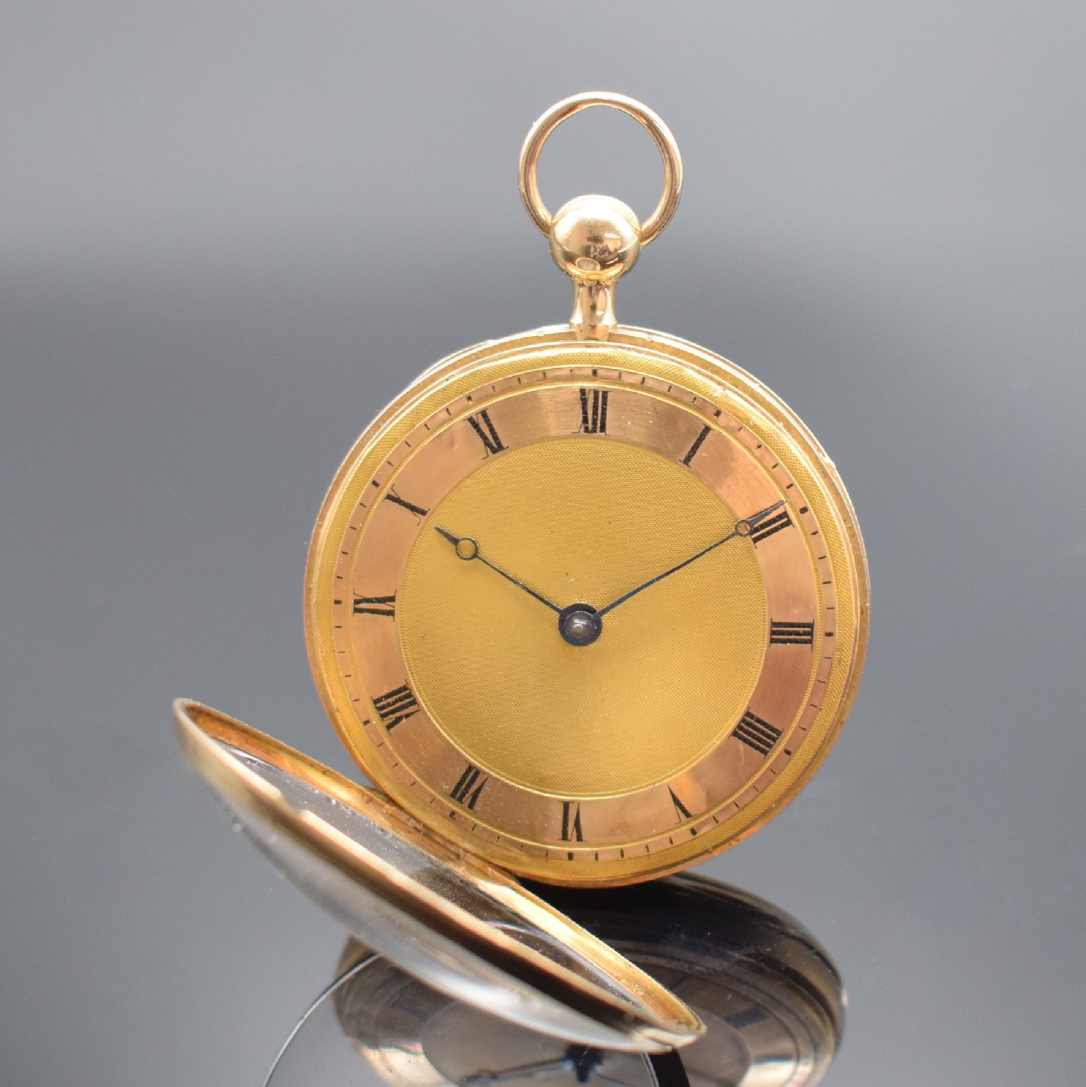 Detail b: Carillon offene Spindeltaschenuhr in RoséG 750/000 mit 1/4 Std.-Repetition auf 3 Tonfedern, Schweiz um 1840, Geh. dell., verg. Cuvette, guill. ...