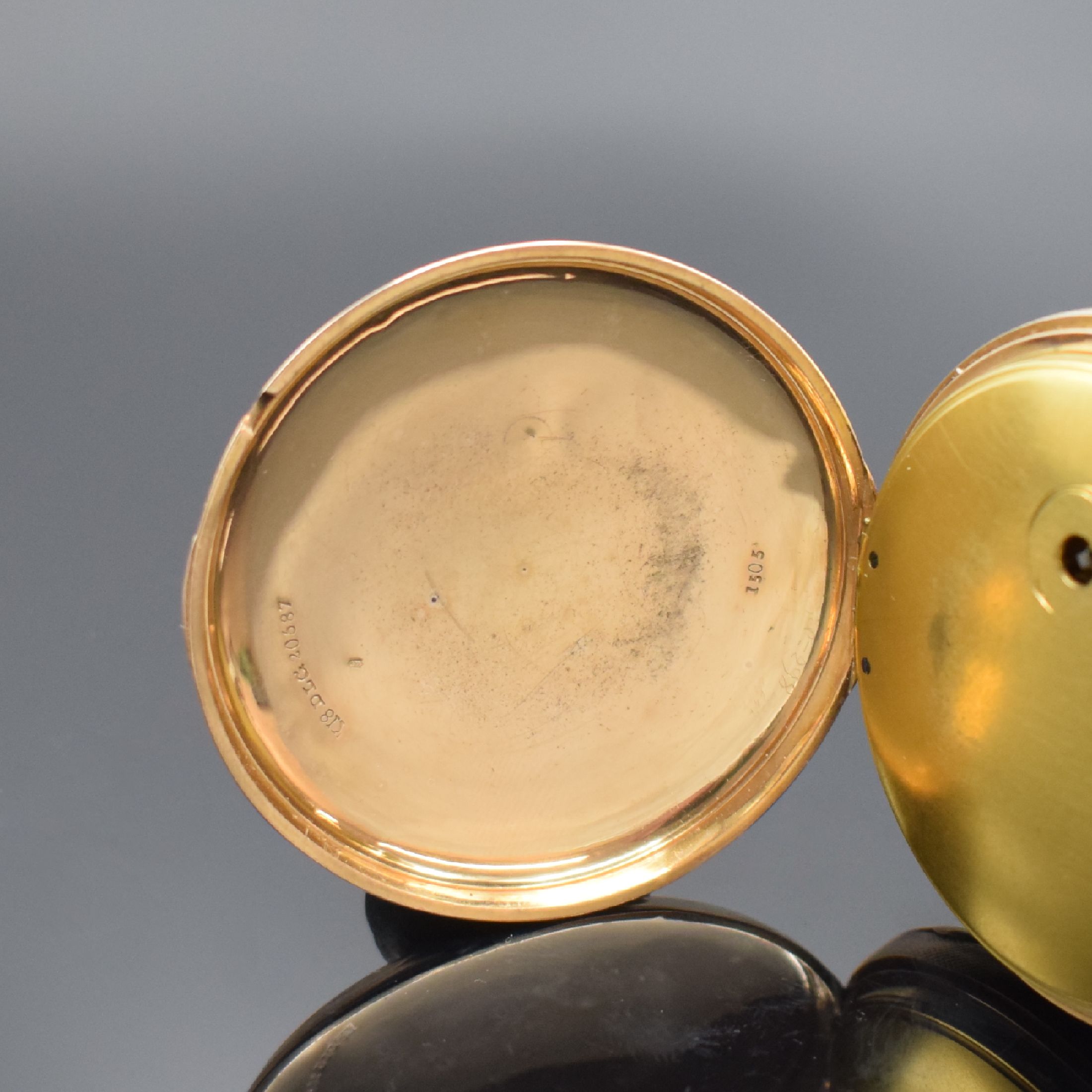 Detail c: Carillon offene Spindeltaschenuhr in RoséG 750/000 mit 1/4 Std.-Repetition auf 3 Tonfedern, Schweiz um 1840, Geh. dell., verg. Cuvette, guill. ...