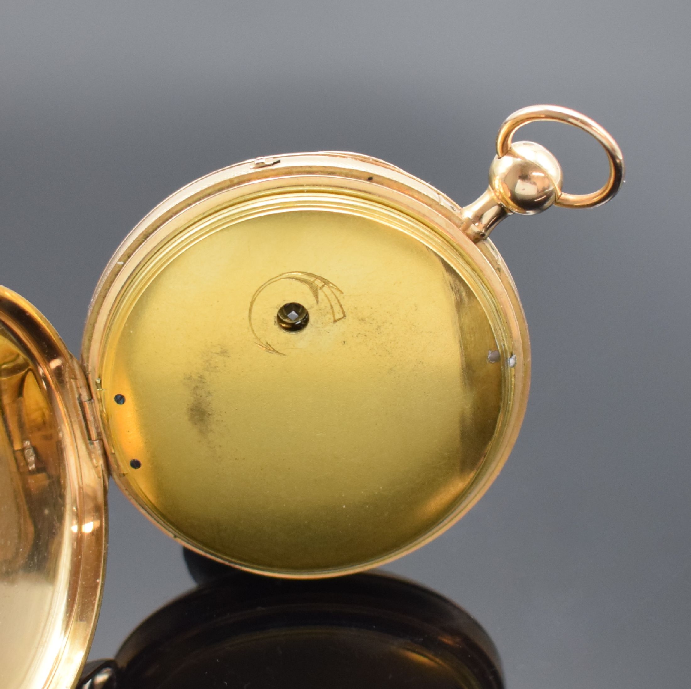 Detail d: Carillon offene Spindeltaschenuhr in RoséG 750/000 mit 1/4 Std.-Repetition auf 3 Tonfedern, Schweiz um 1840, Geh. dell., verg. Cuvette, guill. ...