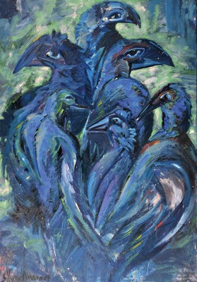 Image 26553806 - Bernd Hinzelmann, born in Raesfeld in 1953, #"Errümliche Treffen#", group of seven differently depicted birds, black-blue tonality in front of a greenish background, gestural-pasto style, oil/canvas, signed and dated 1987 lower left, narrow artist frame, 209x148 cm!; Studied at the FH Münster with Bernd Damke and Emil Bernd Hartwig, among others, studied painting at the HK Berlin, master class with Kuno Gonschior, worked at the Werkschule Oldenburg, worked as a freelance artist in Cologne