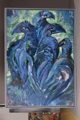 26553806k - Bernd Hinzelmann, born in Raesfeld in 1953, #"Errümliche Treffen#", group of seven differently depicted birds, black-blue tonality in front of a greenish background, gestural-pasto style, oil/canvas, signed and dated 1987 lower left, narrow artist frame, 209x148 cm!; Studied at the FH Münster with Bernd Damke and Emil Bernd Hartwig, among others, studied painting at the HK Berlin, master class with Kuno Gonschior, worked at the Werkschule Oldenburg, worked as a freelance artist in Cologne