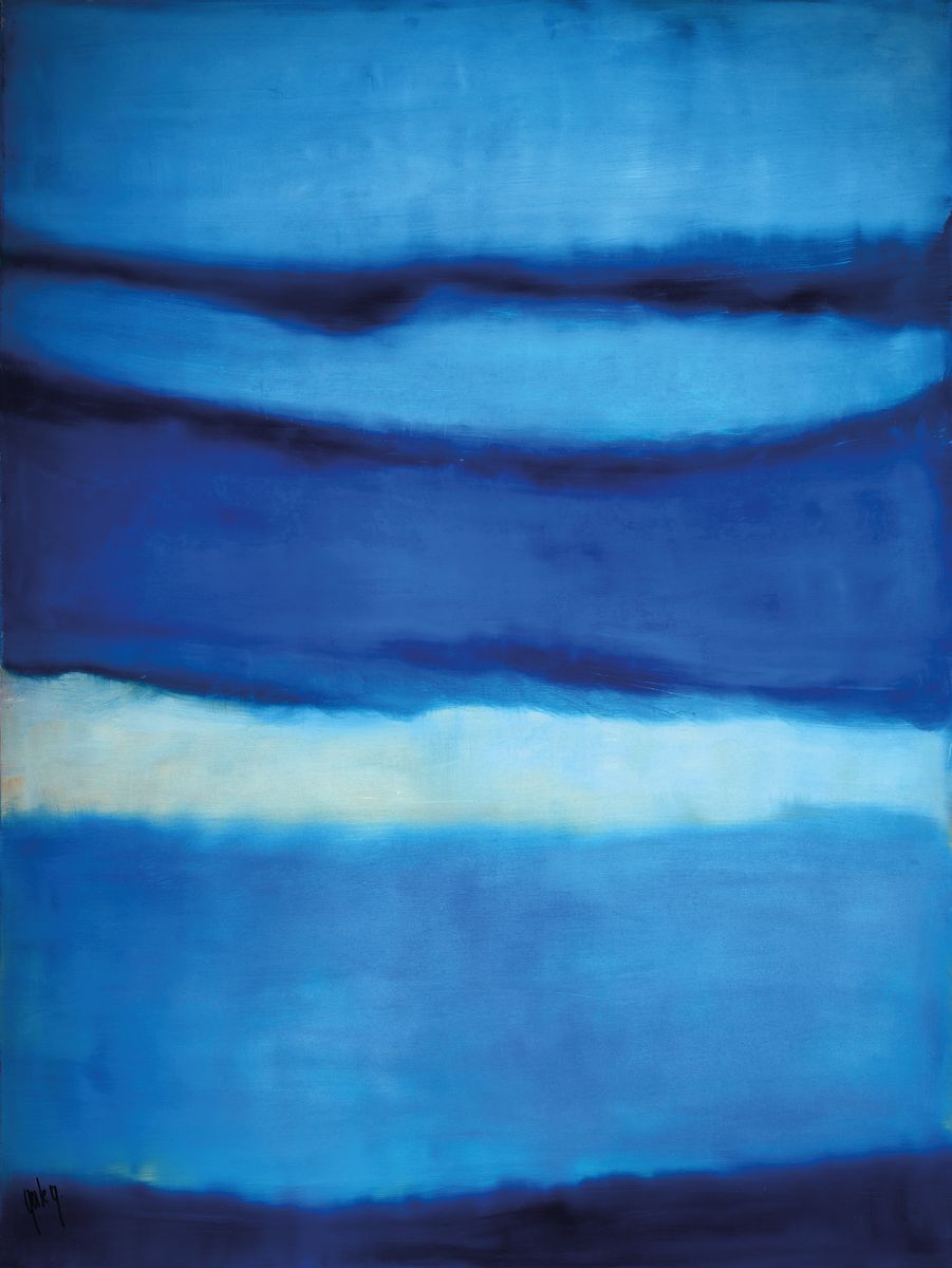 Gaston Gale, geb. 1978, zeitgenössischer belgischer Künstler, abstrakt expressive Farbkomposition, horizontale Staffelung Blautönen, links unten ...