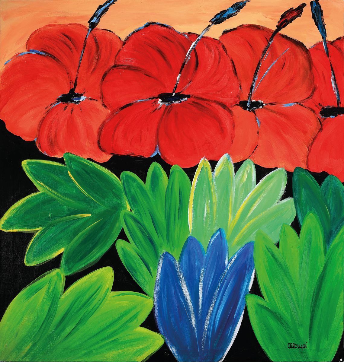 Ungedeuteter zeitgenössischer Künstler, Blumen- und Pflanzenstillleben, rechts unten signiert, Öl/Lwd, 97x90 cm