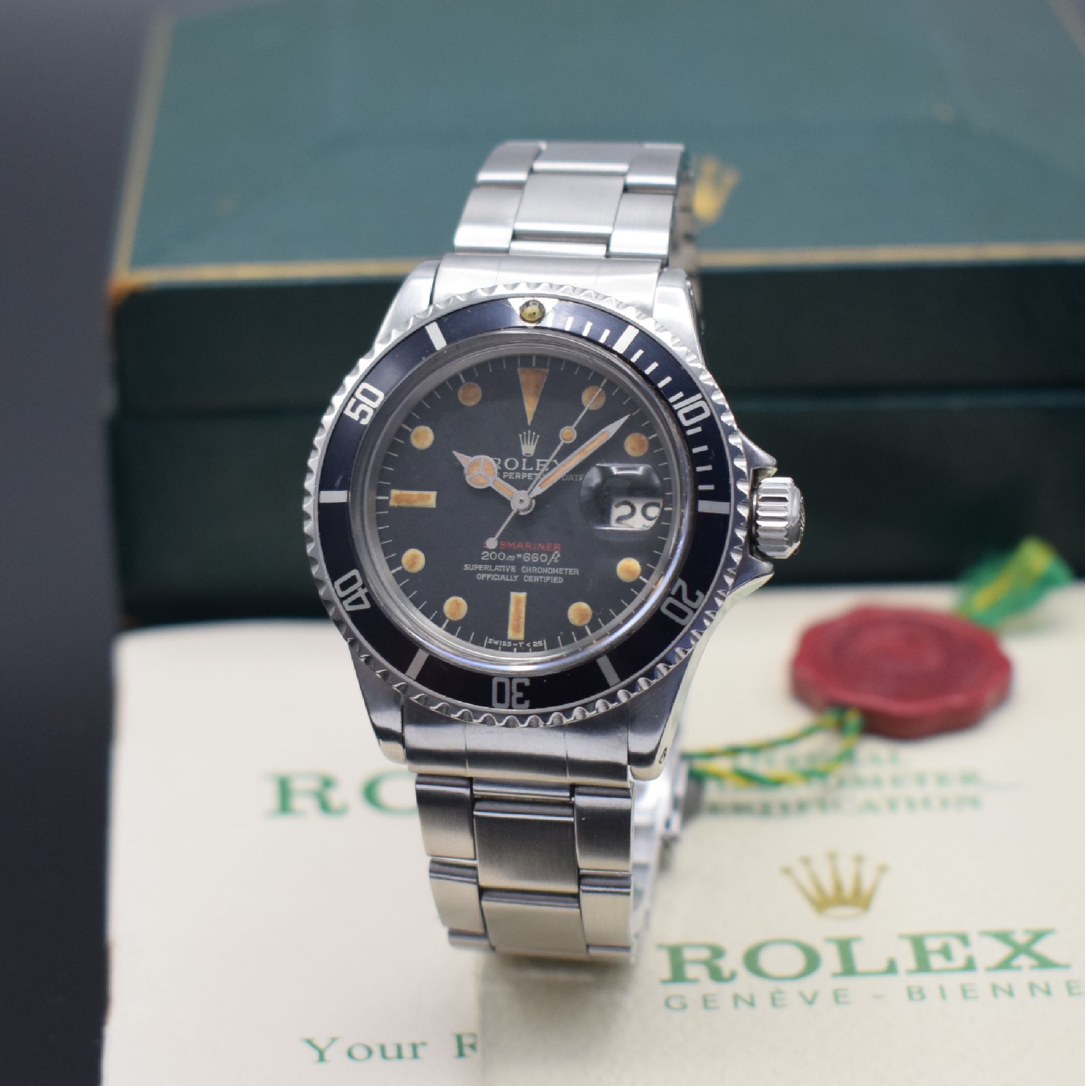 ROLEX "Red" Submariner MK II Referenz 1680 seltene Herrenarmbanduhr in Edelstahl mit original Papieren "Double Punched Papers", ...