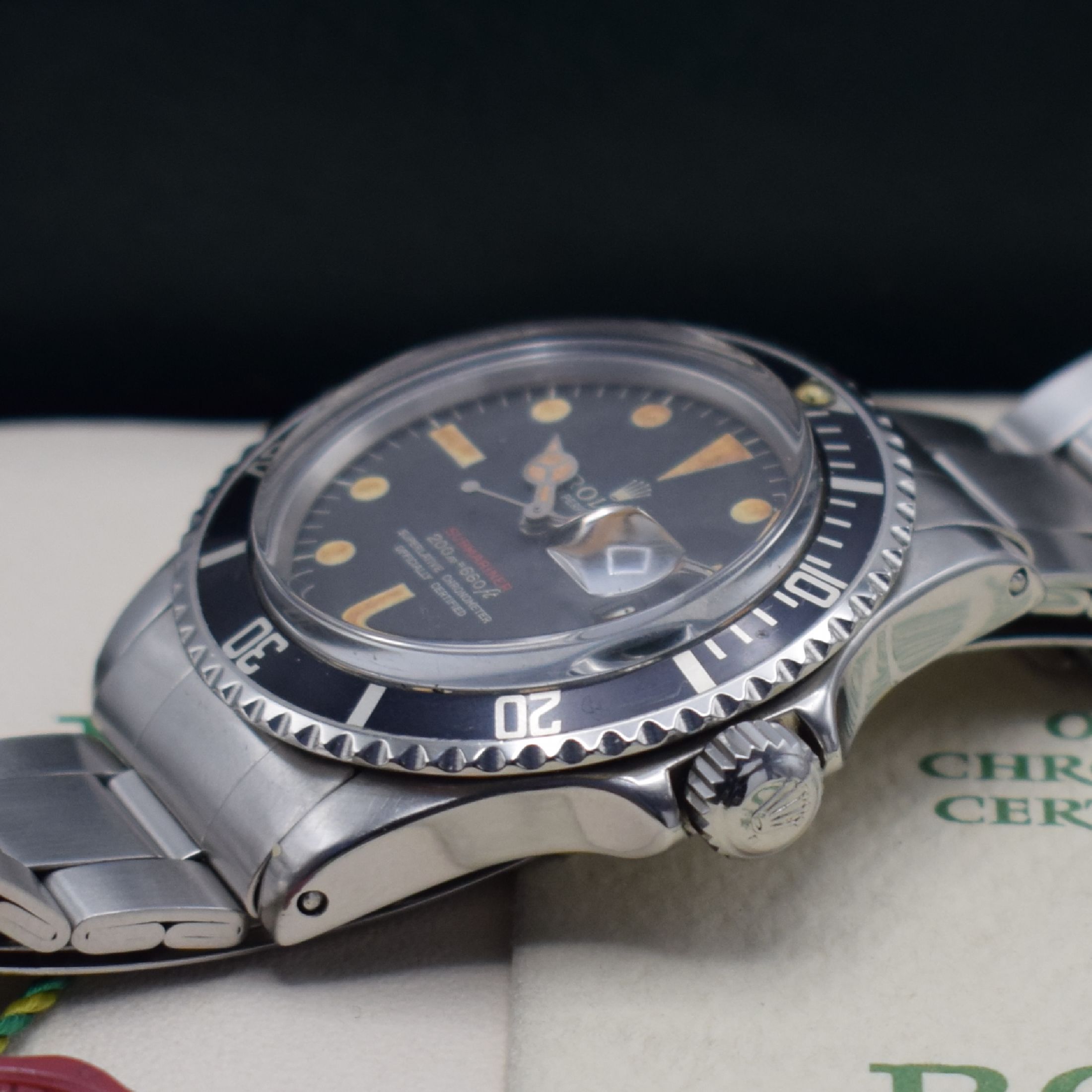 Detail c: ROLEX "Red" Submariner MK II Referenz 1680 seltene Herrenarmbanduhr in Edelstahl mit original Papieren "Double Punched Papers", ...