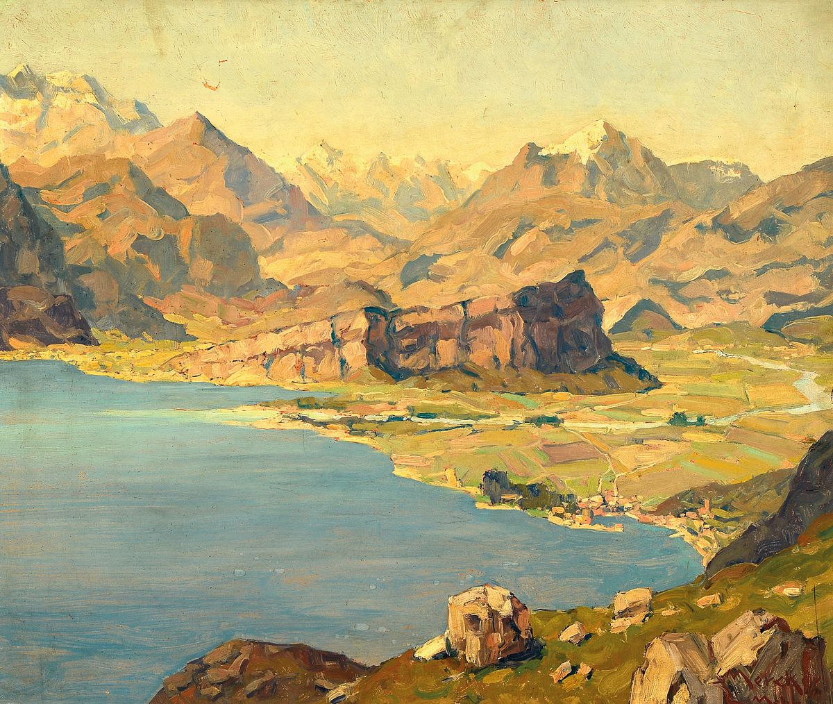 Erich Mercker, 1891 Zabern-1973 München, Landschaft mit Bergen und See, Öl/Hartfaser, rechts unten signiert, kleinere Oberflächen- Schäden, ca. ...
