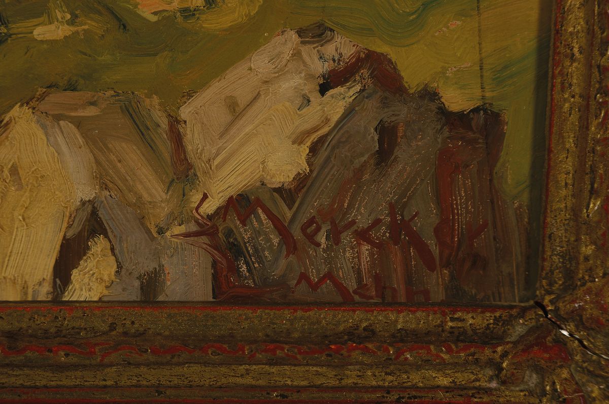 Detail a: Erich Mercker, 1891 Zabern-1973 München, Landschaft mit Bergen und See, Öl/Hartfaser, rechts unten signiert, kleinere Oberflächen- Schäden, ca. ...