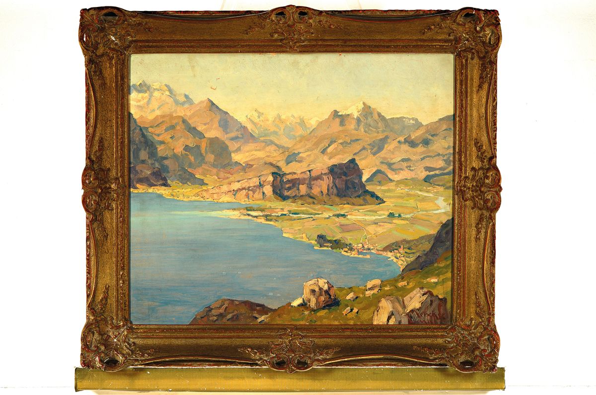 Detail k: Erich Mercker, 1891 Zabern-1973 München, Landschaft mit Bergen und See, Öl/Hartfaser, rechts unten signiert, kleinere Oberflächen- Schäden, ca. ...