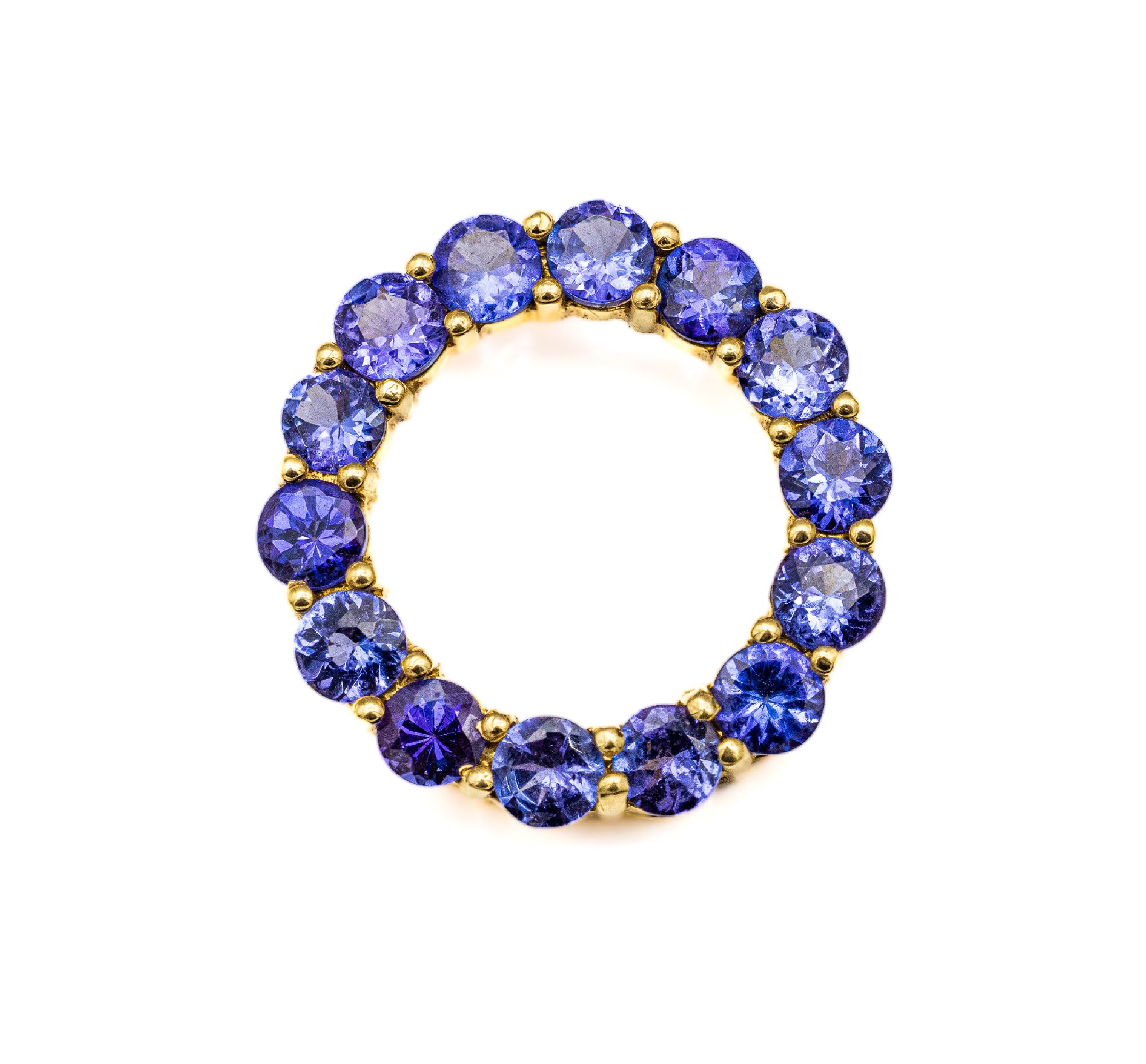 18 kt Gold Tansanit-Anhänger, GG 750/000, kreisförmig, 14 rundfacett. Tansanite zus. ca.2.0 ct, D. ca. 2 cm, ca. 3.7 g, QVC -Schmuckpass anbei