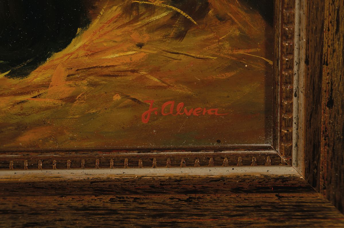 Detail a: J. Alvera, zeitgenössischer Traditionalist, Kinder mit Katze und Kätzchen in einem Stall, Öl/Holz, links unten signiert, ca. 30x40cm, R. ca. ...