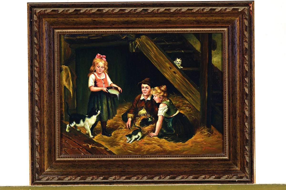 Detail k: J. Alvera, zeitgenössischer Traditionalist, Kinder mit Katze und Kätzchen in einem Stall, Öl/Holz, links unten signiert, ca. 30x40cm, R. ca. ...