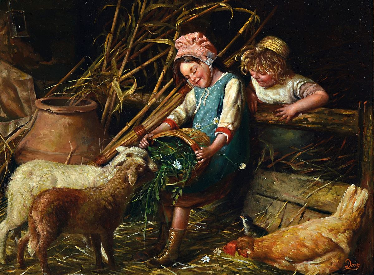 Dorn, zeitgenössischer Traditionalist, zwei Mädchen mit Lämmern und einem Huhn im Stall, Öl/Holz, rechts unten signiert, ca. 30x40cm, R. ca. ...