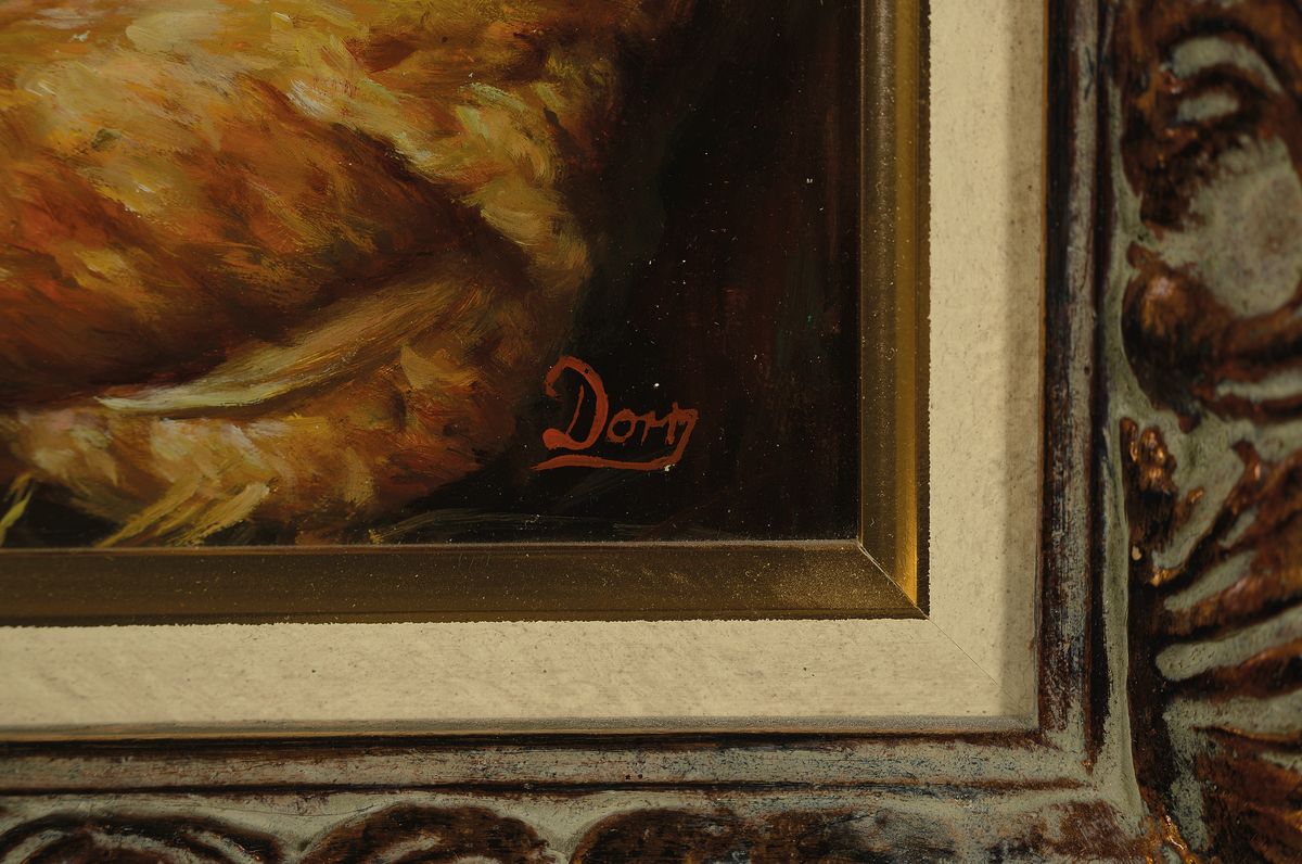 Detail a: Dorn, zeitgenössischer Traditionalist, zwei Mädchen mit Lämmern und einem Huhn im Stall, Öl/Holz, rechts unten signiert, ca. 30x40cm, R. ca. ...