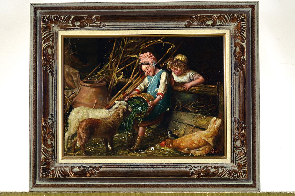 Detail k: Dorn, zeitgenössischer Traditionalist, zwei Mädchen mit Lämmern und einem Huhn im Stall, Öl/Holz, rechts unten signiert, ca. 30x40cm, R. ca. ...