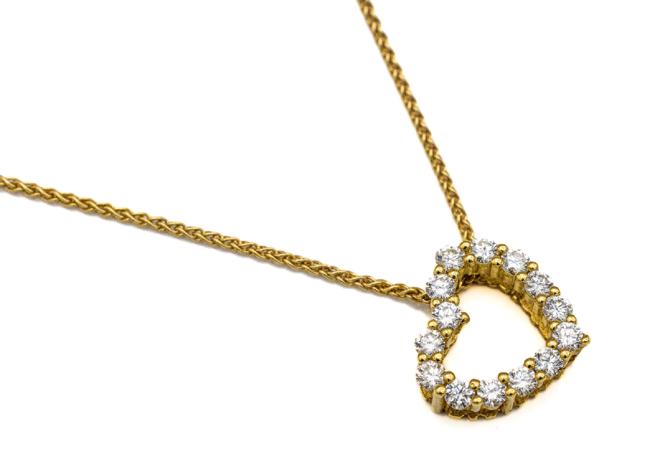 18 kt Gold Brillant-Anhänger "Herz", GG 750/000, 14 Brillanten zus. ca. 0.42 ct feines Weiß/vs-si, an Kette, GG 750/000, L. ca. 45 cm, ...