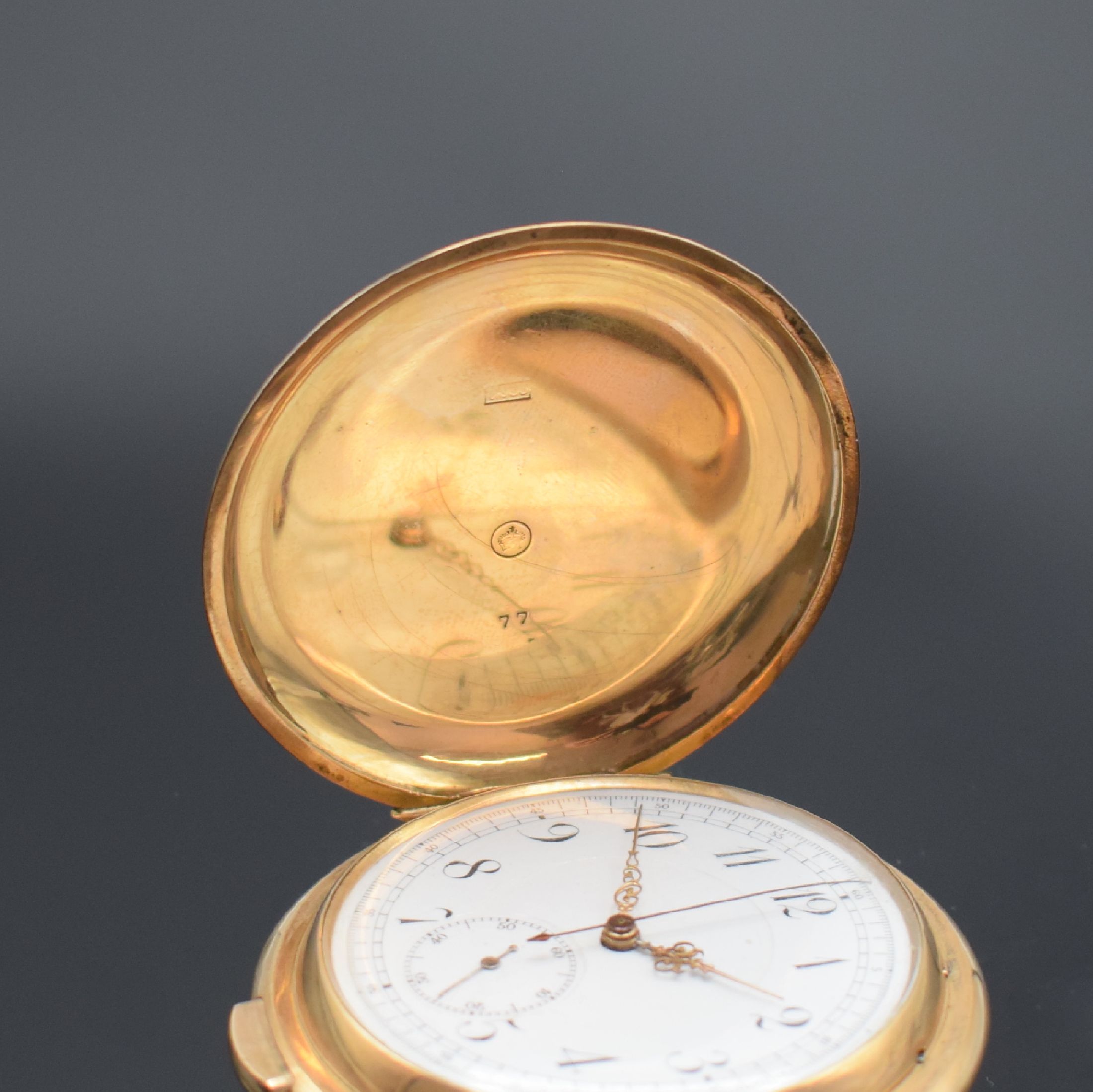 Detail a: Savonette in RoseG 585/000 mit 1/4-Stunden- Repetition und Chronograph, Schweiz um 1900, Kronenaufzug, 3-Deckel Goldgeh., Cuvette mit ...