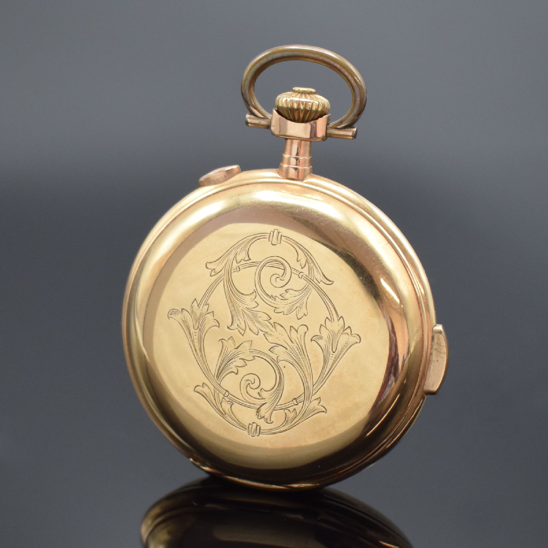 Detail b: Savonette in RoseG 585/000 mit 1/4-Stunden- Repetition und Chronograph, Schweiz um 1900, Kronenaufzug, 3-Deckel Goldgeh., Cuvette mit ...