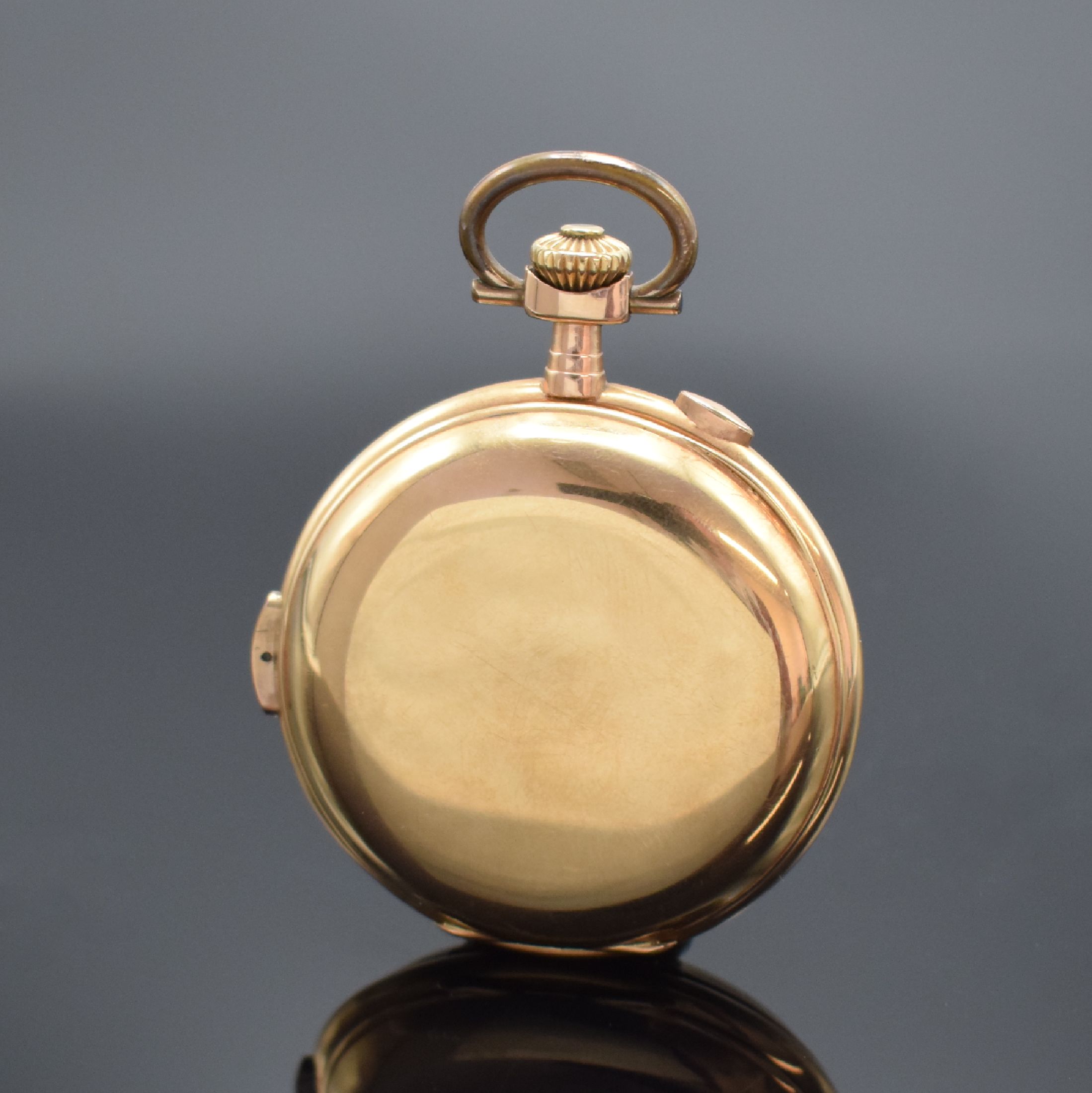 Detail c: Savonette in RoseG 585/000 mit 1/4-Stunden- Repetition und Chronograph, Schweiz um 1900, Kronenaufzug, 3-Deckel Goldgeh., Cuvette mit ...