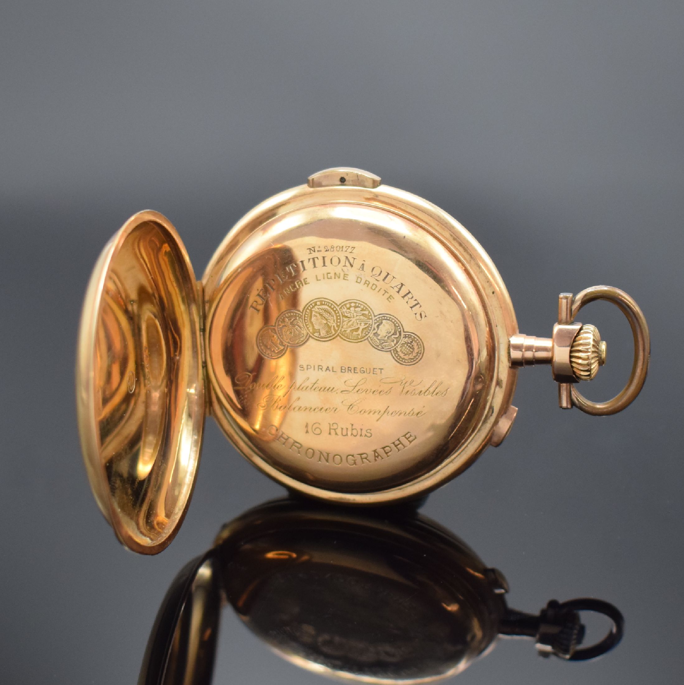 Detail e: Savonette in RoseG 585/000 mit 1/4-Stunden- Repetition und Chronograph, Schweiz um 1900, Kronenaufzug, 3-Deckel Goldgeh., Cuvette mit ...