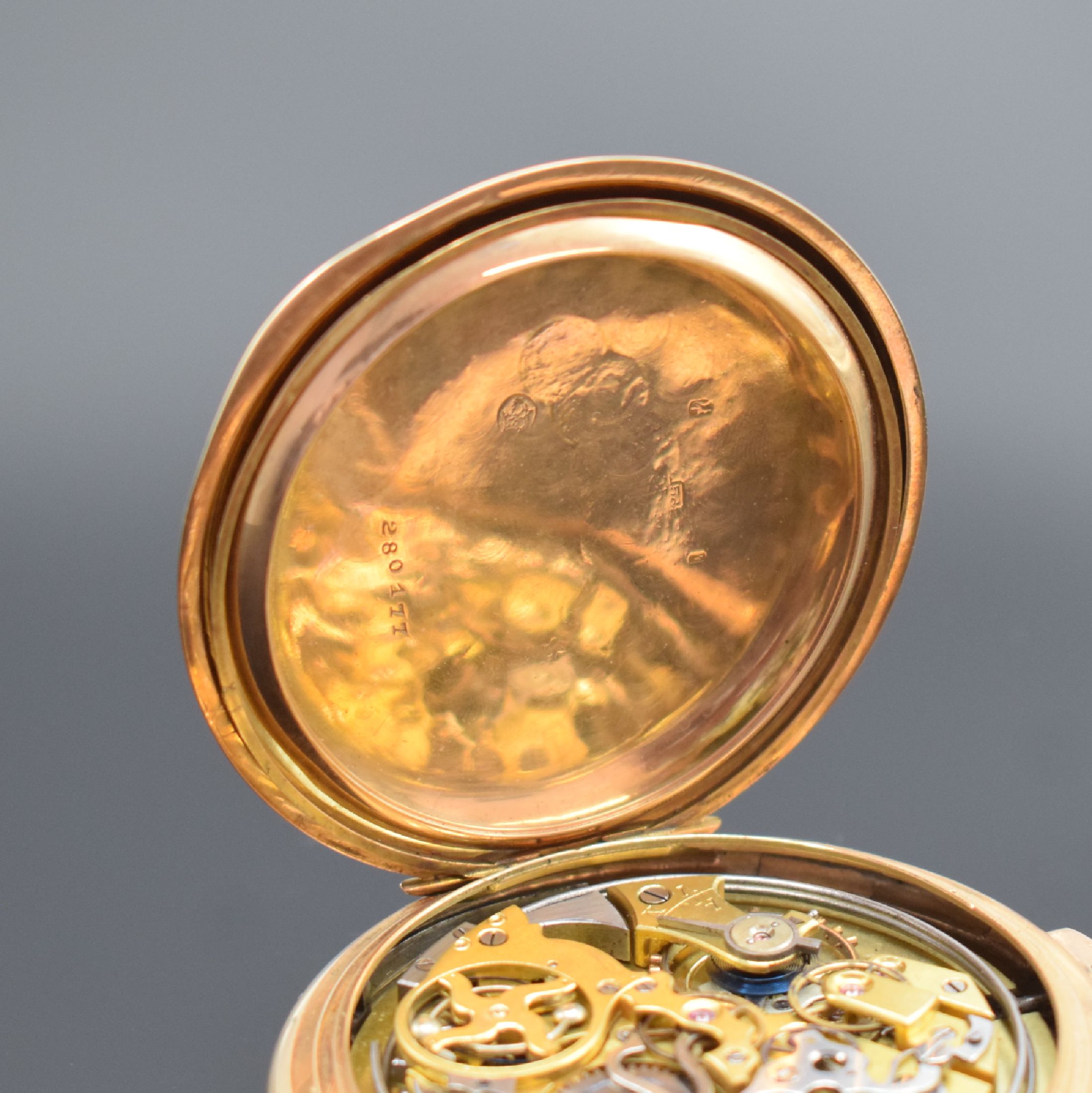 Detail f: Savonette in RoseG 585/000 mit 1/4-Stunden- Repetition und Chronograph, Schweiz um 1900, Kronenaufzug, 3-Deckel Goldgeh., Cuvette mit ...