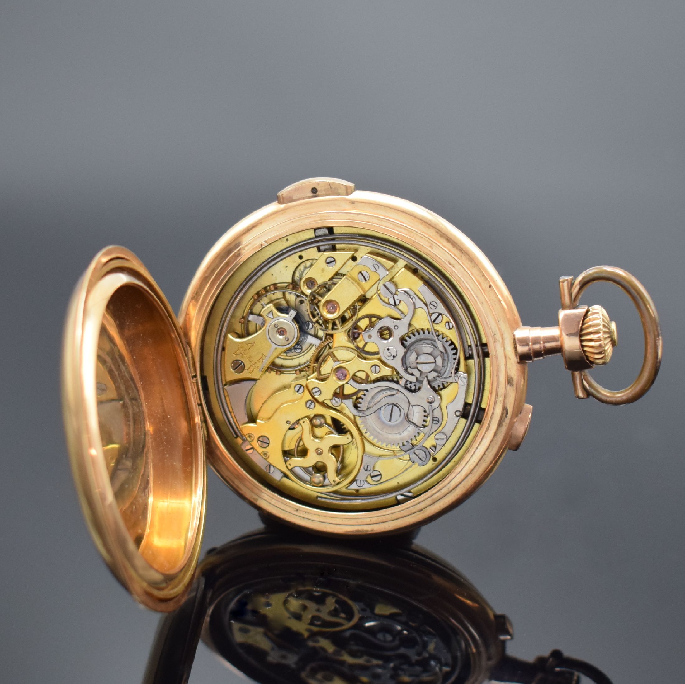 Detail g: Savonette in RoseG 585/000 mit 1/4-Stunden- Repetition und Chronograph, Schweiz um 1900, Kronenaufzug, 3-Deckel Goldgeh., Cuvette mit ...