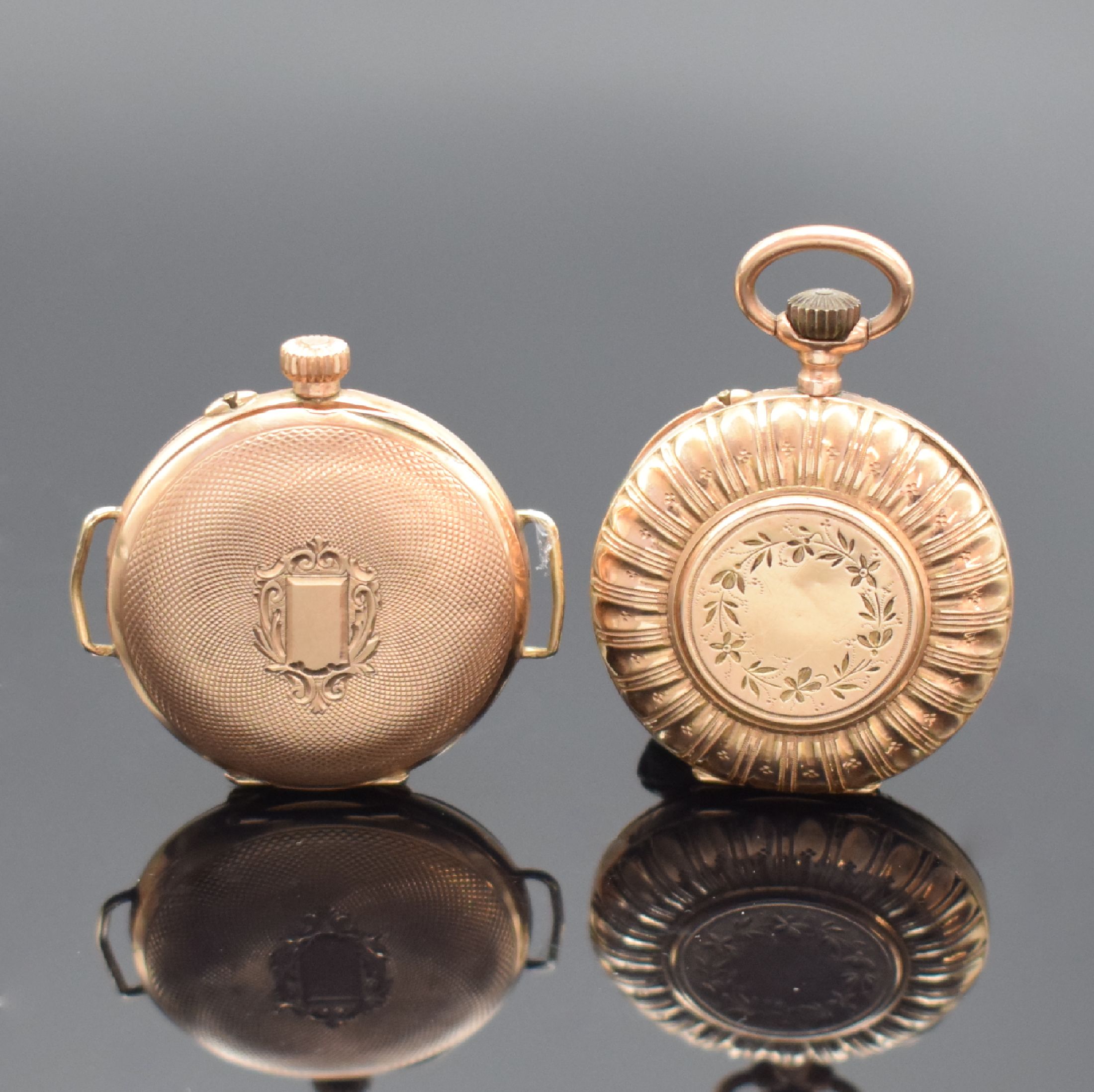 Detail a: 2 Damentaschenuhren in RG 585/000, Schweiz um 1900, 1x Umbau zur Armbanduhr später, Handaufzug, beide m. Emailzifferbl. u. Zylinderhemmung, arab. ...