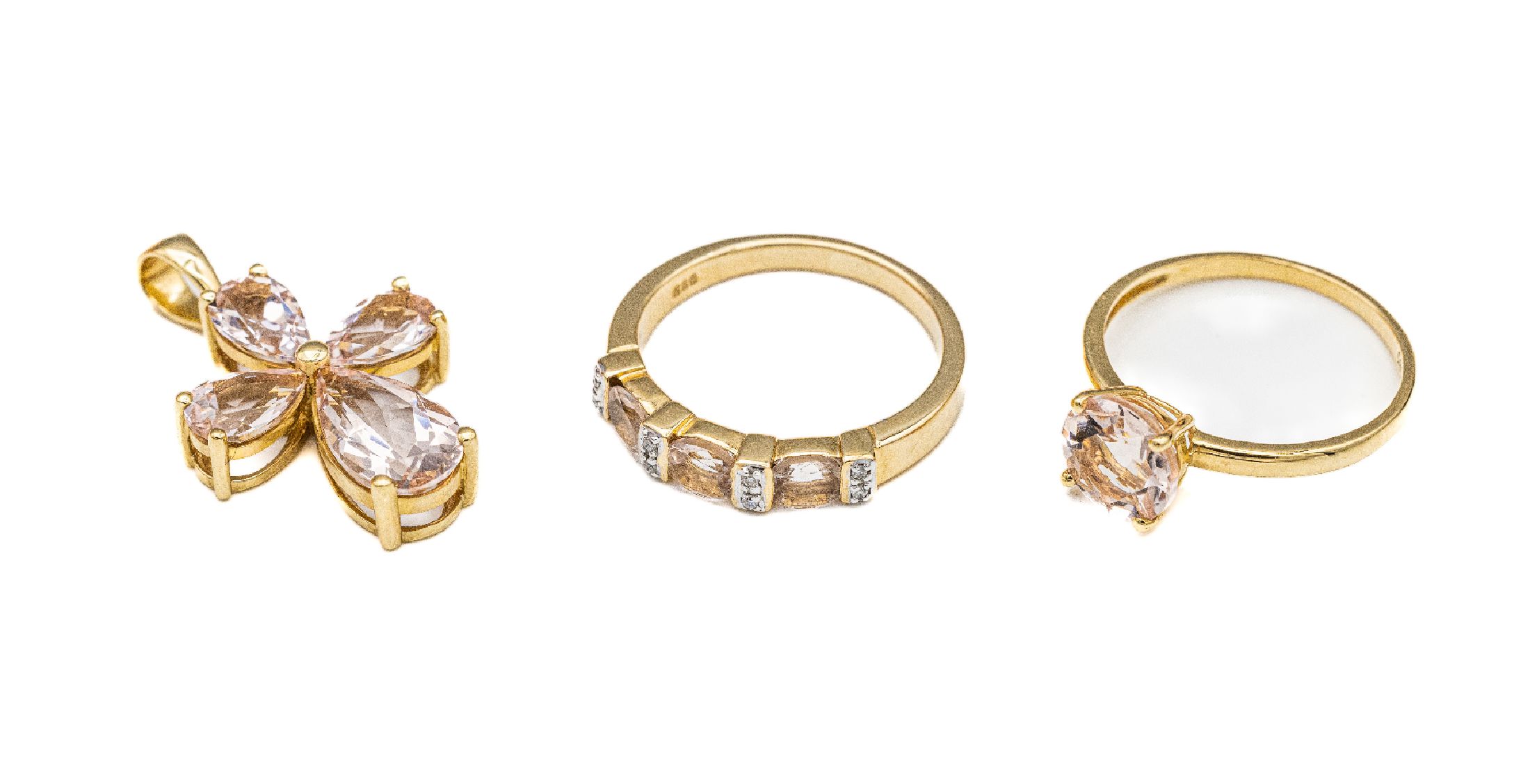 Konvolut 14 kt Gold Morganit-Schmuck, GG 585/000, best. aus: Kreuzanhänger mit 4 facett. Morganit-Tropfen zus. ca. 5.50 ct, ca. 2.8 x 1.7 cm, 1 ...