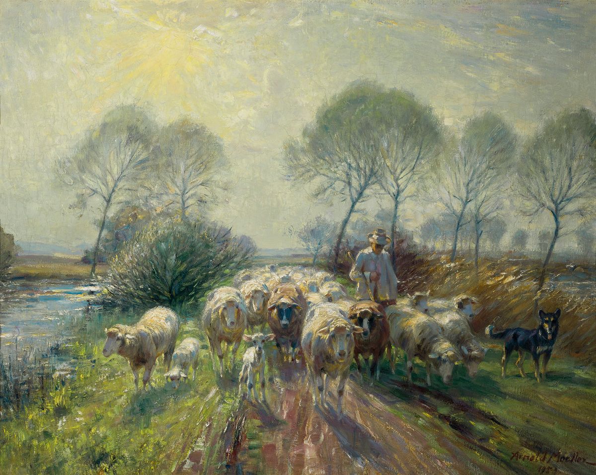 Arnold Möller, 1886 Bückeburg-1963 Bruckmühl, Westfälische Schafherde, so rückseitig betitelt, Öl/Lwd, rechts unten signiert und dat. 1953, ca. ...