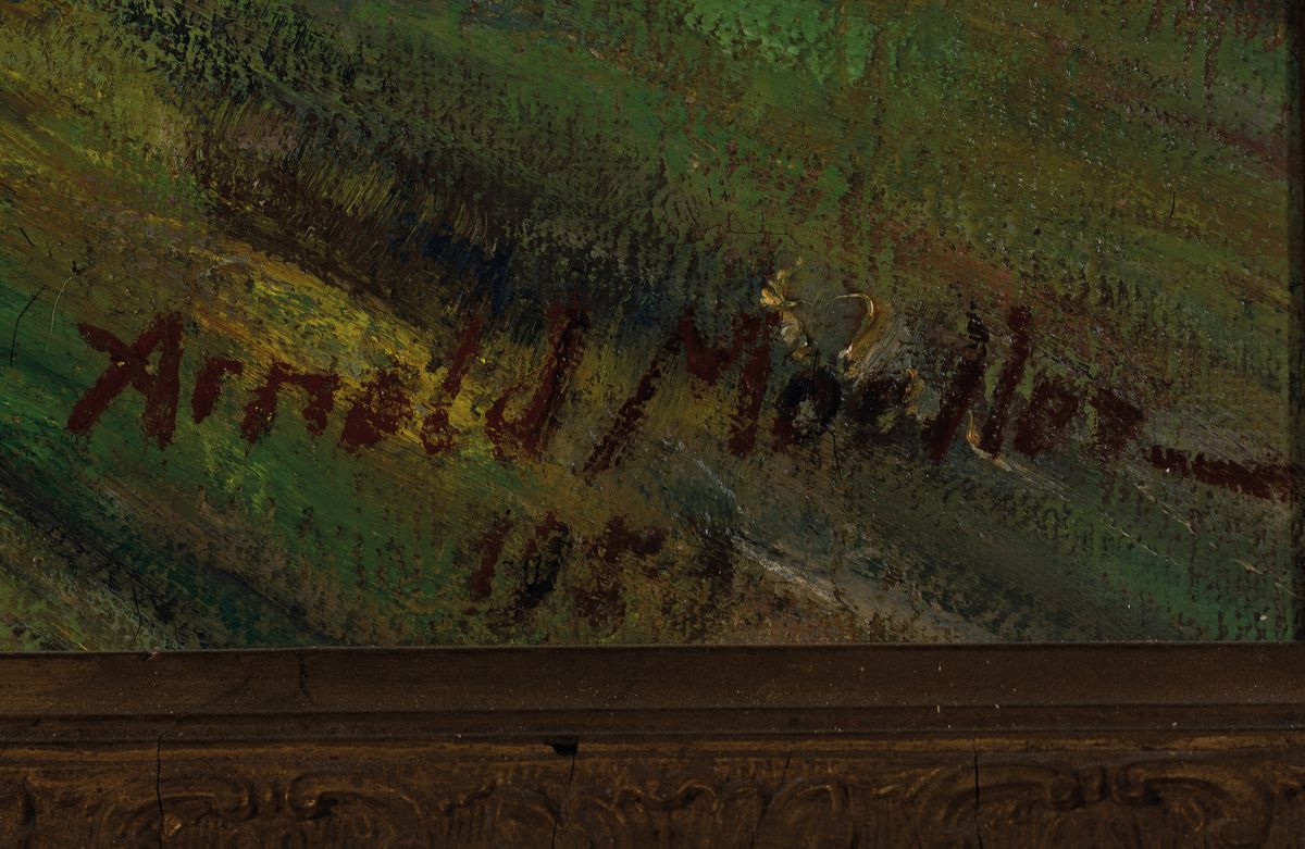 Detail a: Arnold Möller, 1886 Bückeburg-1963 Bruckmühl, Westfälische Schafherde, so rückseitig betitelt, Öl/Lwd, rechts unten signiert und dat. 1953, ca. ...