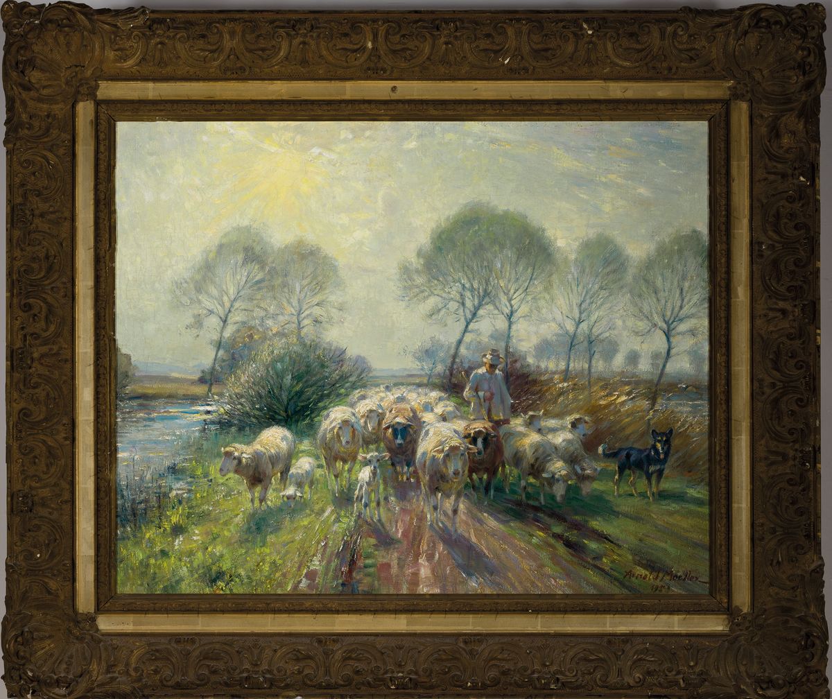 Detail k: Arnold Möller, 1886 Bückeburg-1963 Bruckmühl, Westfälische Schafherde, so rückseitig betitelt, Öl/Lwd, rechts unten signiert und dat. 1953, ca. ...