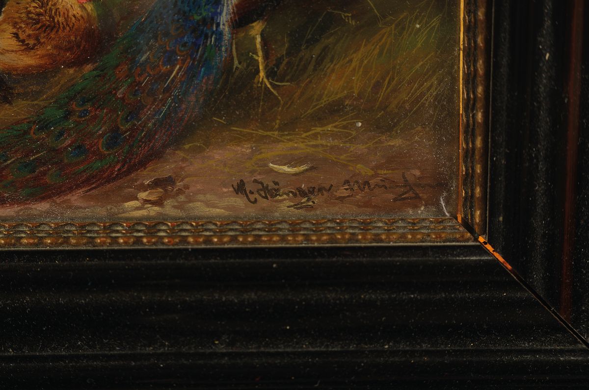 Detail a: Max Haenger sen., 1874-1941, Hahn, Hühner und Pfau auf dem Hof, Öl/Holz, rechts unten schwer lesbar signiert M. Haenger sen., ca. 12.5x27cm, R. ca. ...