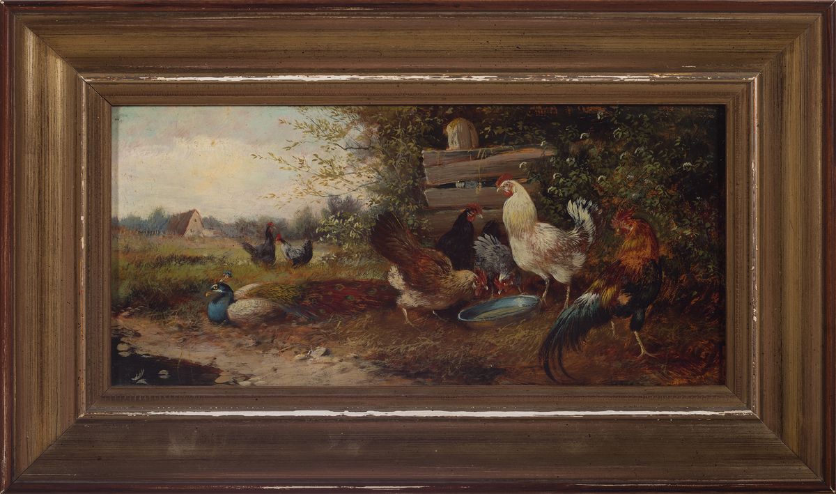 Detail k: Max Haenger sen., 1874-1941, Hahn, Hühner und Pfau auf dem Hof, Öl/Holz, rechts unten schwer lesbar signiert M. Haenger sen., ca. 12.5x27cm, R. ca. ...